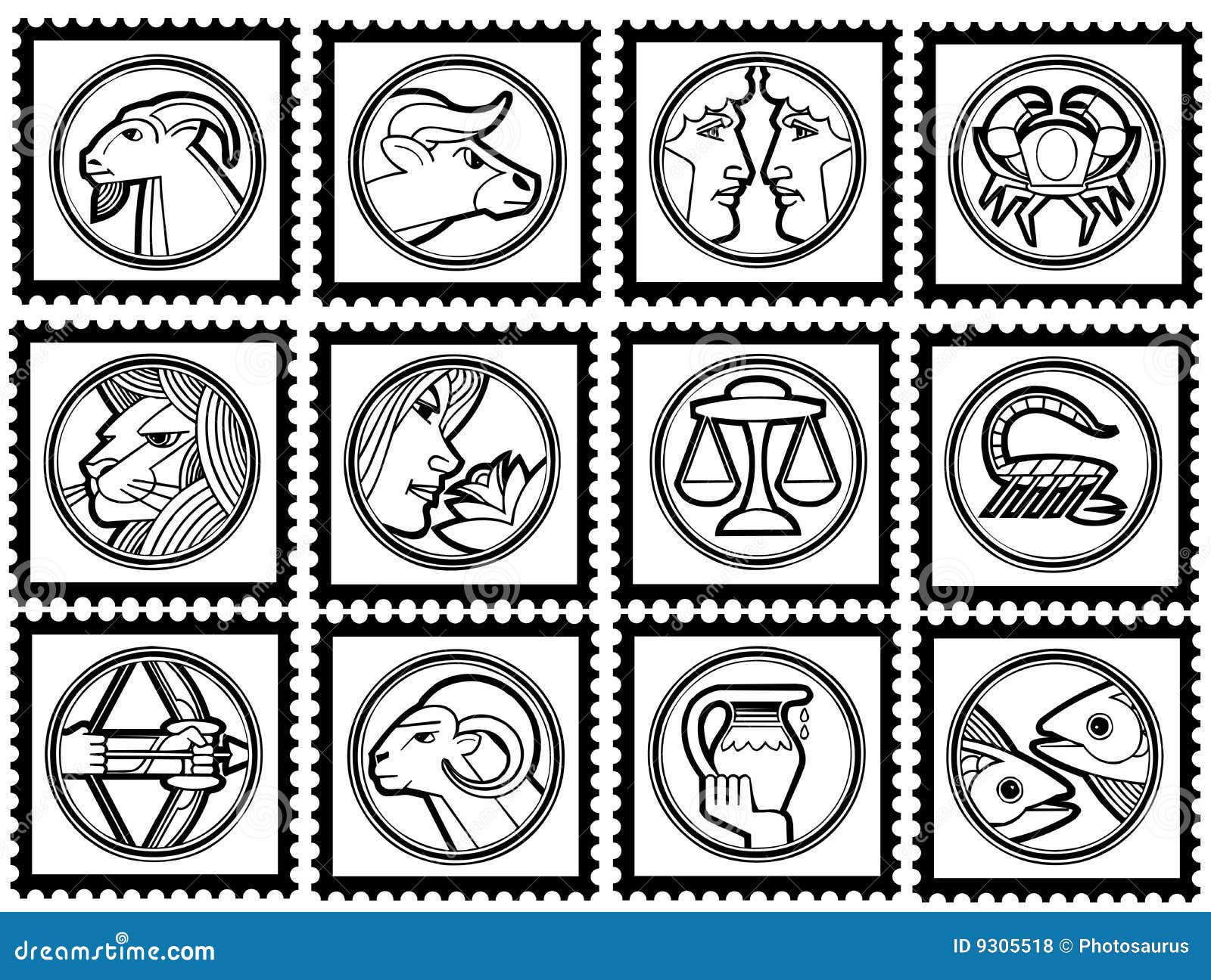 Stamps with Signs of the Zodiac Stock Vector Illustration of fate