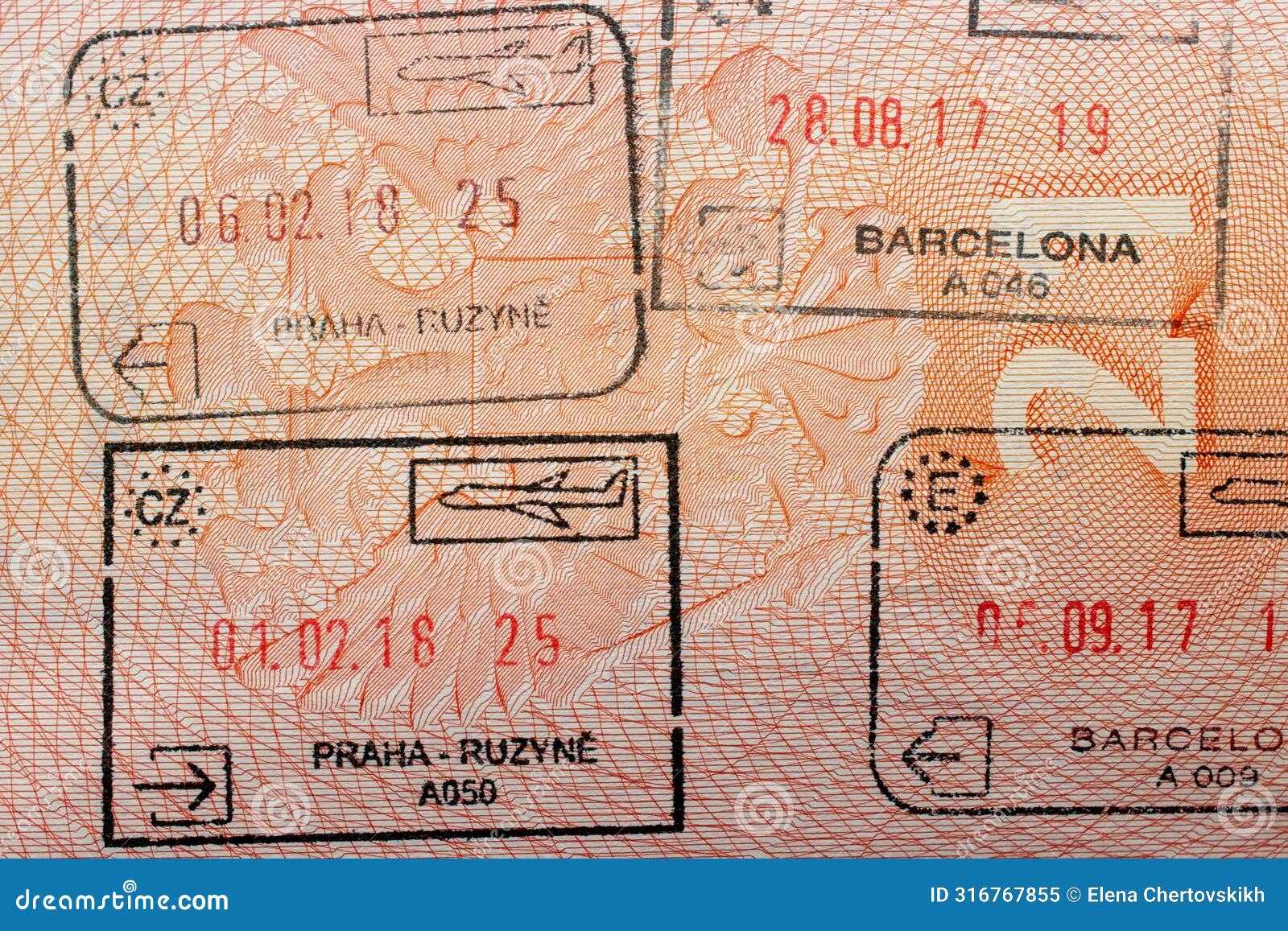 stamps in a travel passport, entry and exit stamp, emigration, immigration, tourism concept