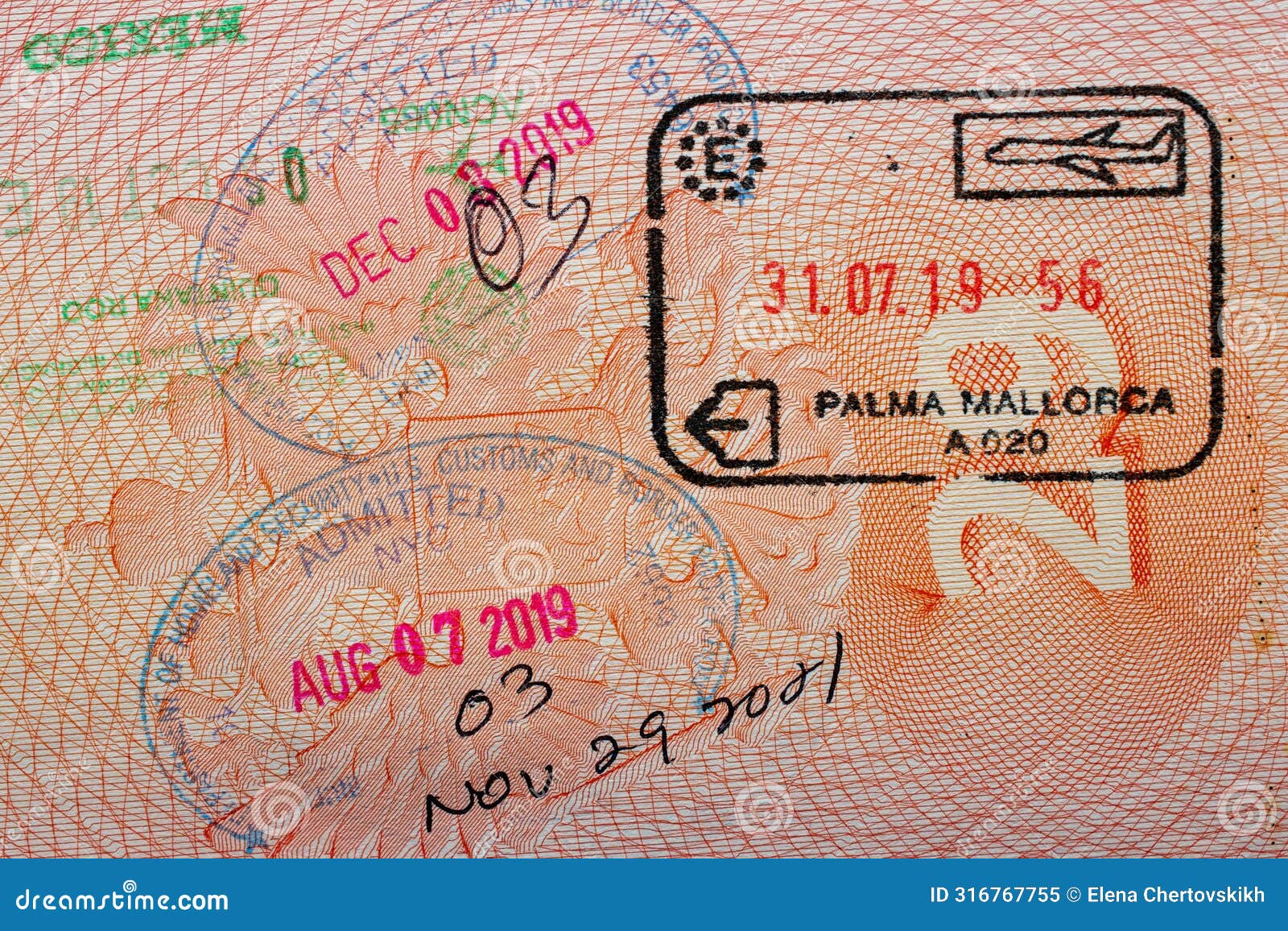 stamps in a travel passport, entry and exit stamp, emigration, immigration, tourism concept