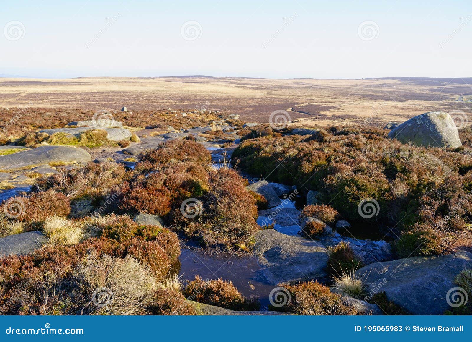 on stanage edge shallow puddles sit among the weathered gritstone rocks.