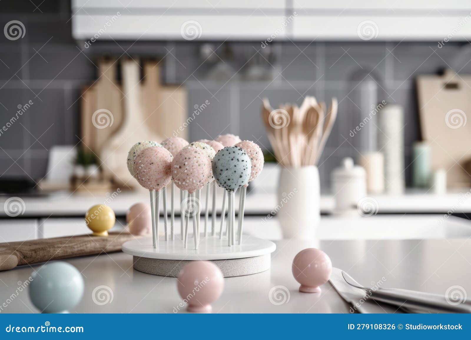Stand of Cake Pops and Decorative Icing in Stylish Kitchen Setting