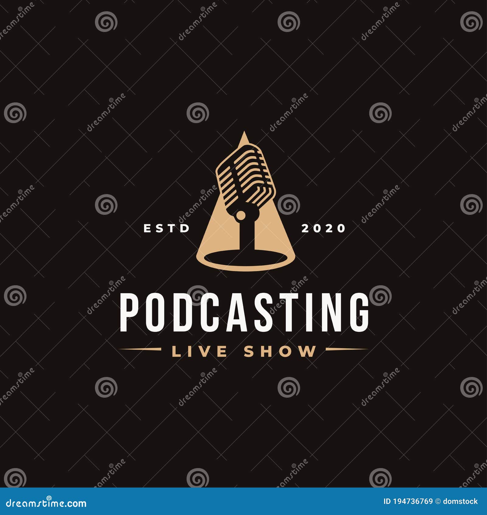 stand microphone on spotlight logo, podcasting logo icon concept