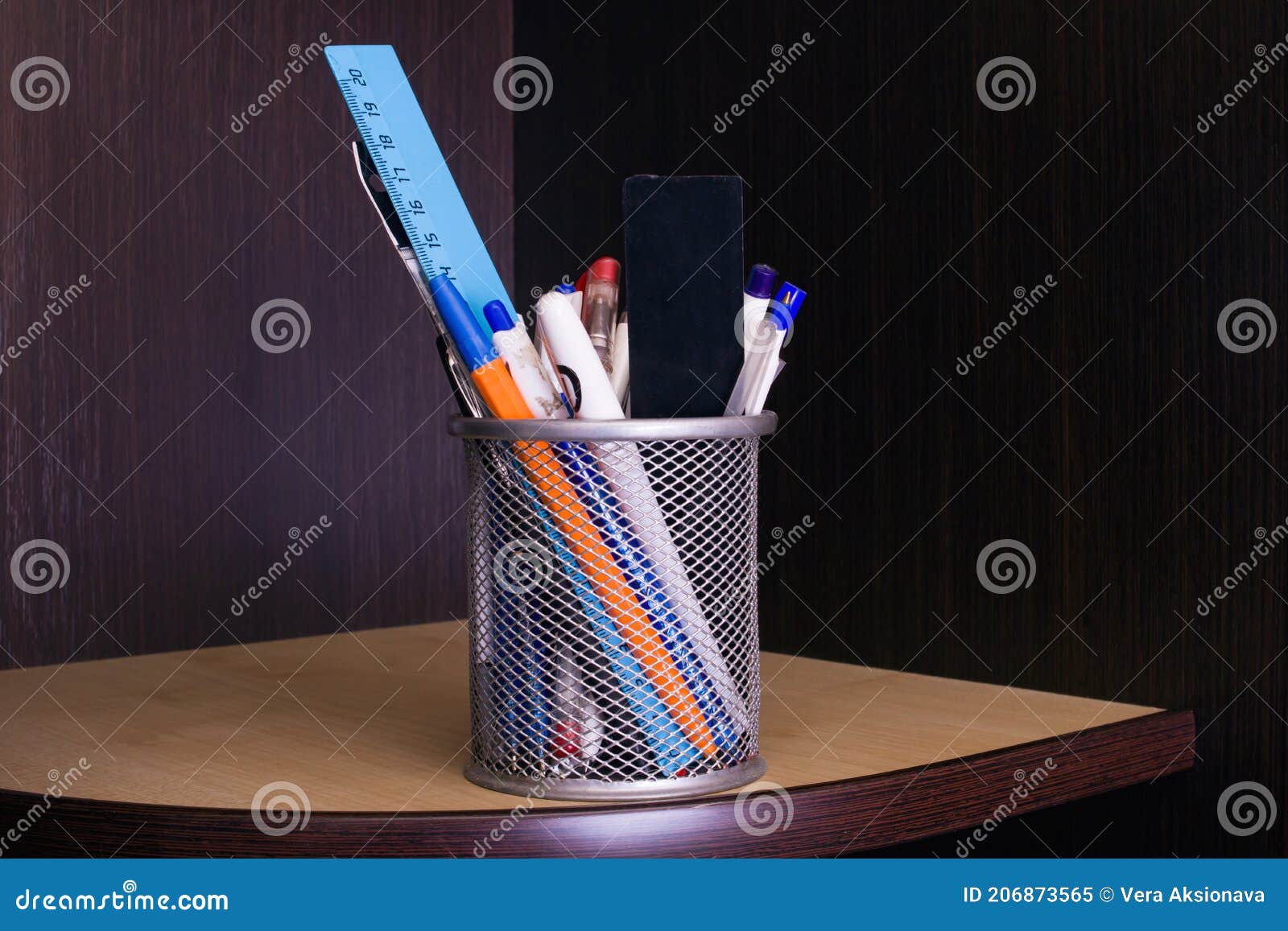 Stand with Pens on the Table Shelf Stock Image Image of shelf