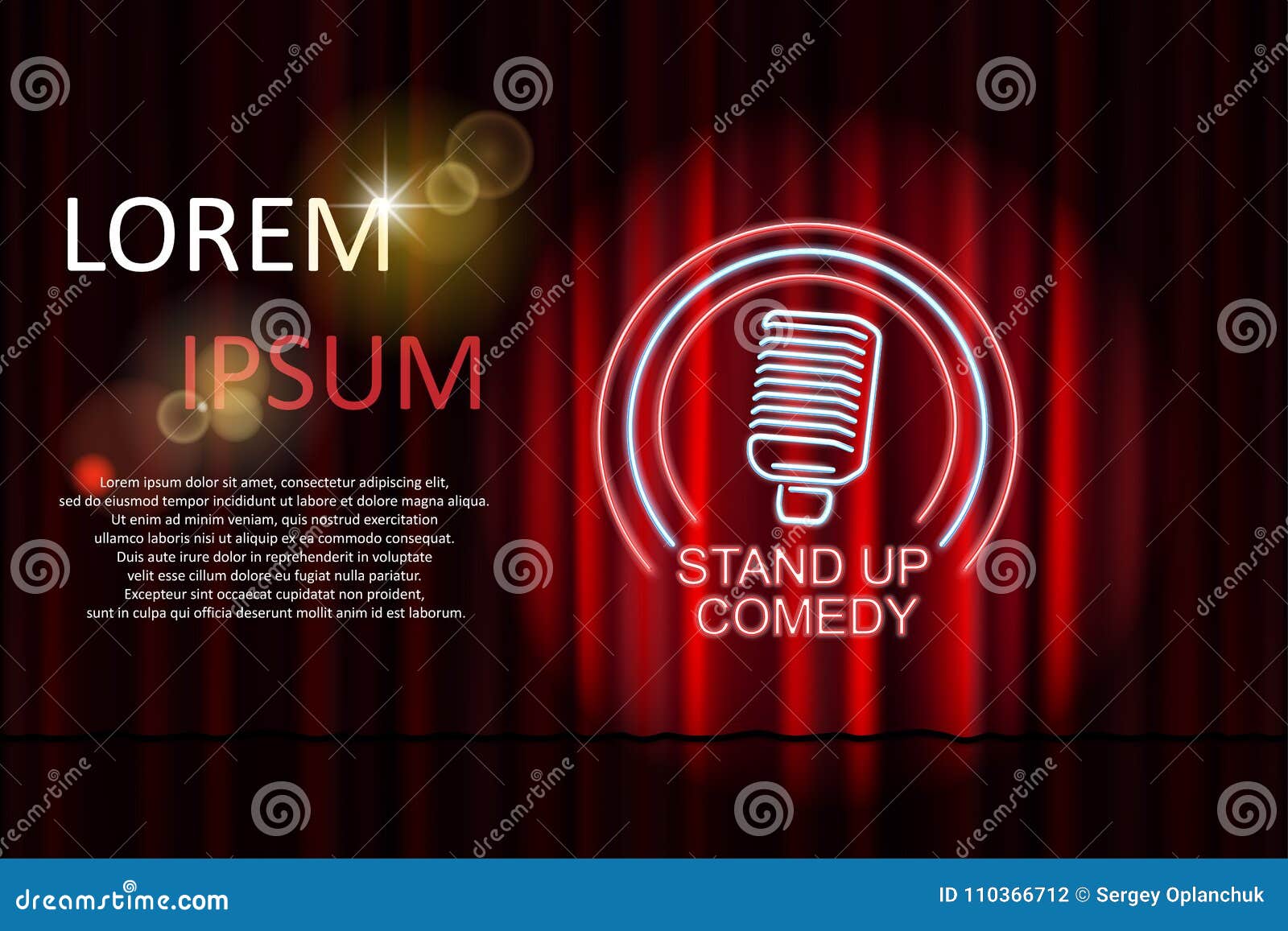 stand up comedy with neon microphone sign and red curtain backdrop. comedy night stand up show or karaoke party. 