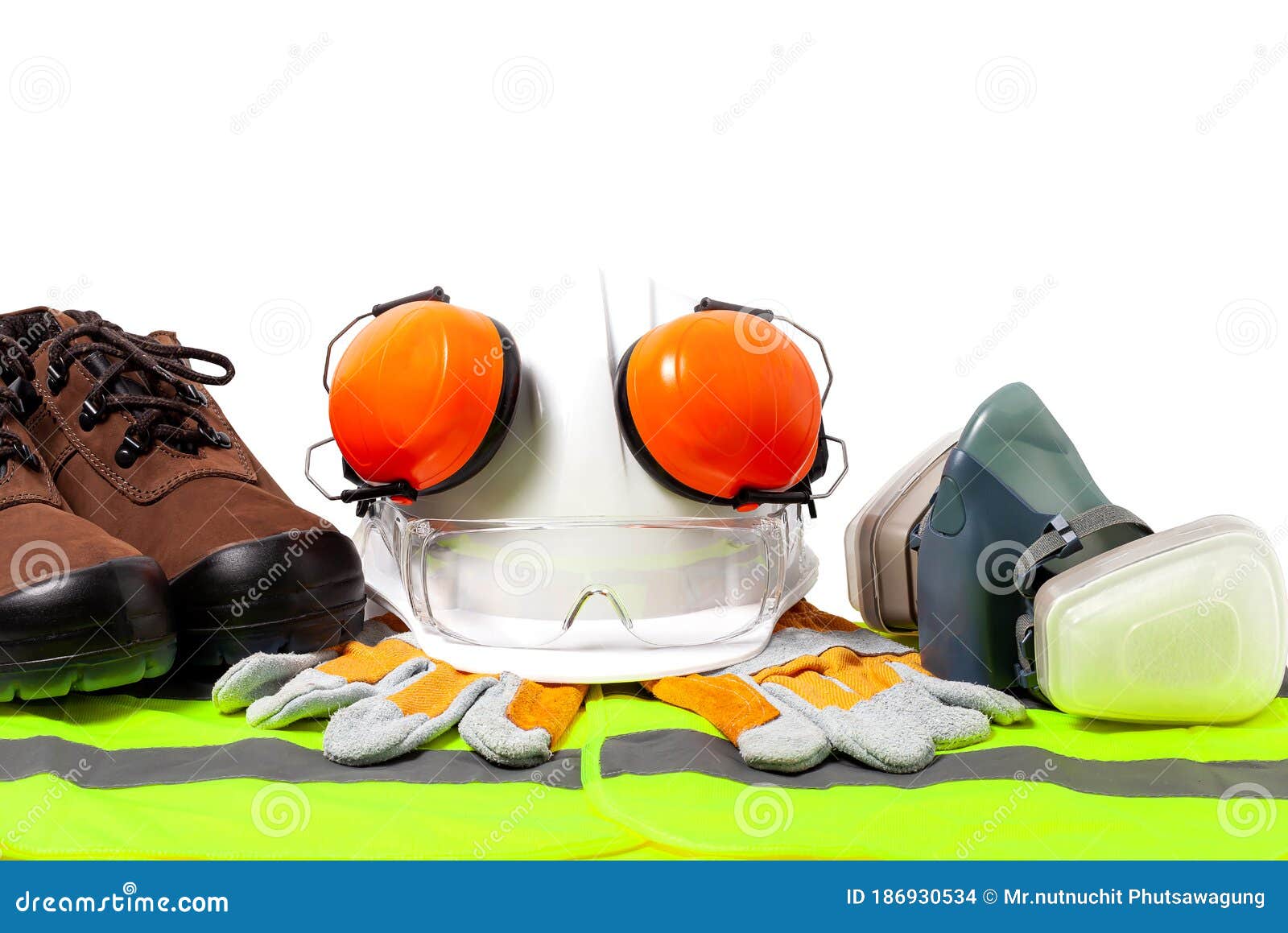 Standard Construction Safety Equipment on White Background. Stock Photo