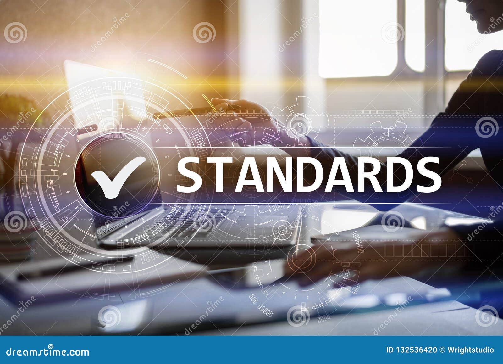 standards, quality control, assurance, iso, checkbox on virtual screen.