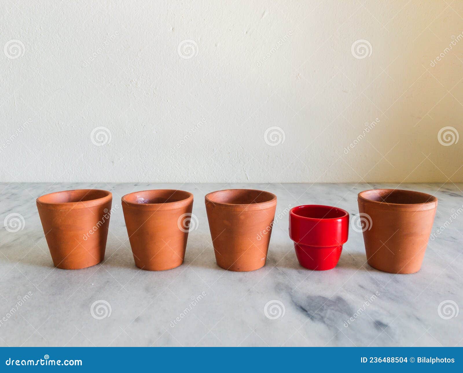 Standing from the Crowd Concept or Ceramic Pot Vs Terracotta Pots Stock
