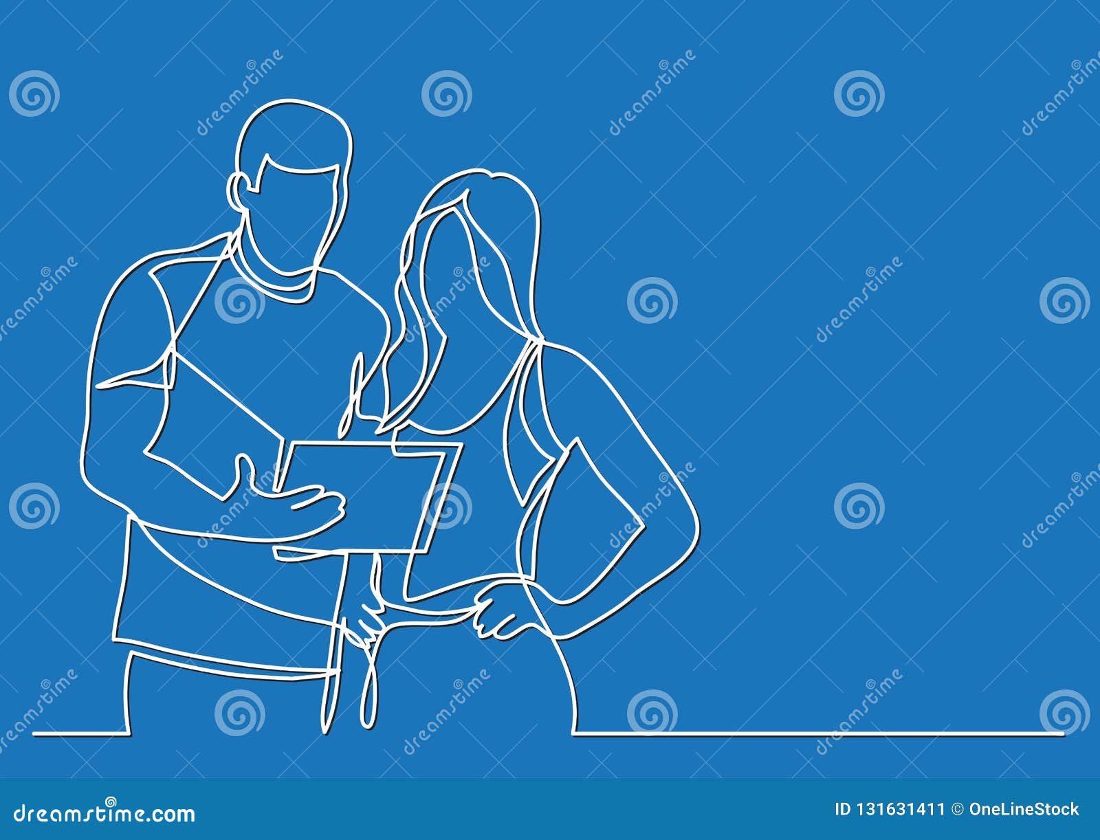 standing man and woman discussing paperworks - continuous line drawing