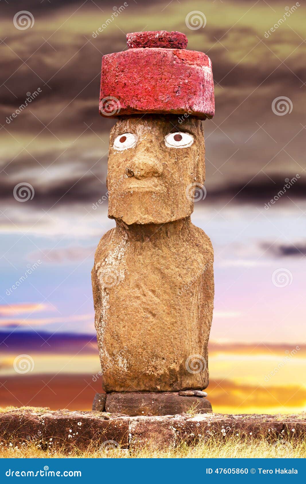 Standing Moai with Red Stone Hat and Large Eyes in Easter Island, Chil