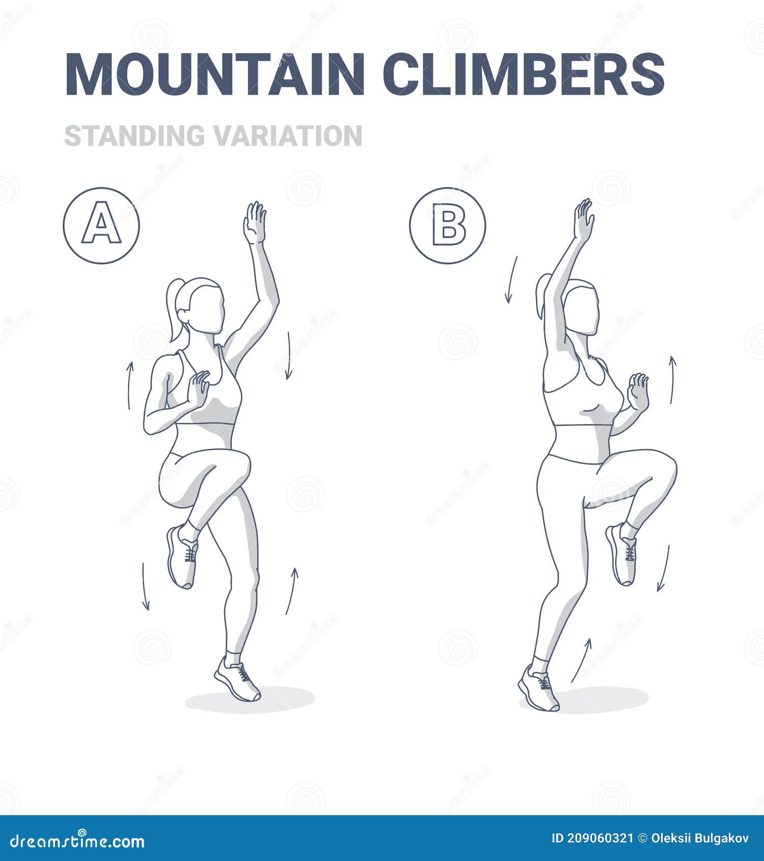 Standing Mountain Climbers Female Home Workout Exercise Guide. Girl in  Sportswear Lifting Knees and Extending Arms. Stock Vector - Illustration of  person, vector: 209060321