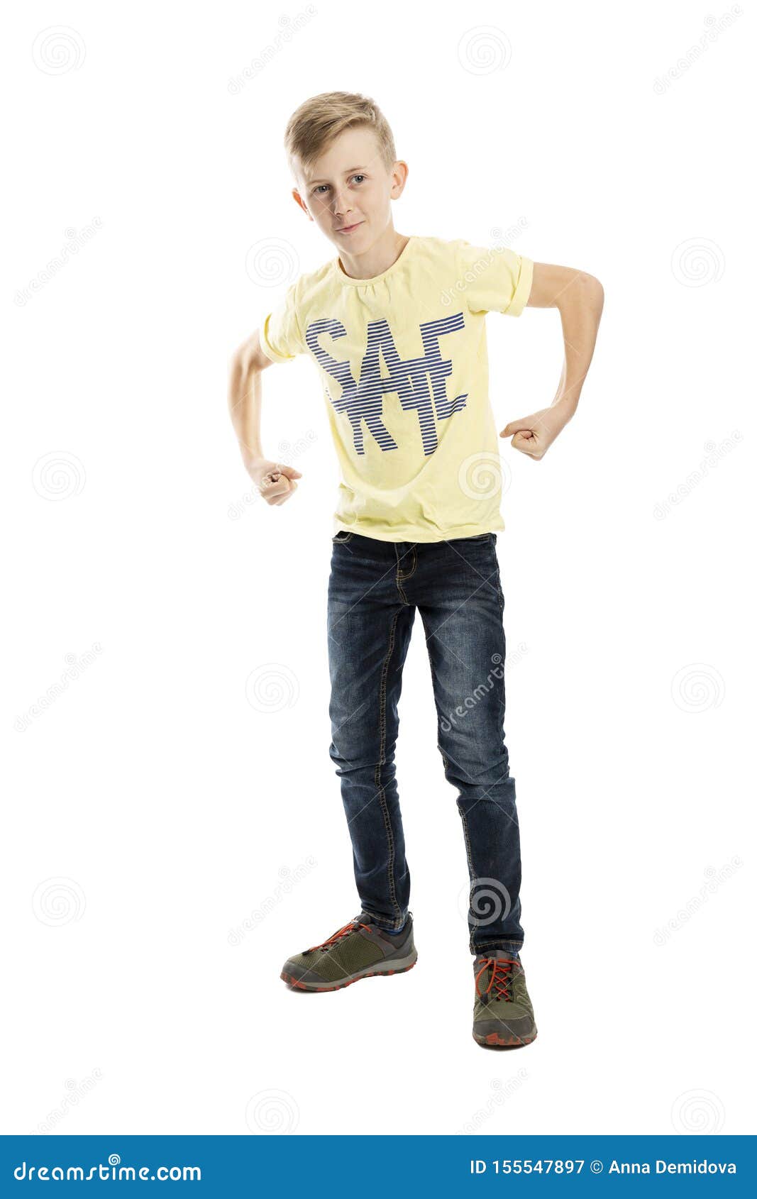 Standing Teenager Boy in and Yellow T-shirt Shows Muscles. Full Height. Over White Background Stock Image - of concept, male: 155547897