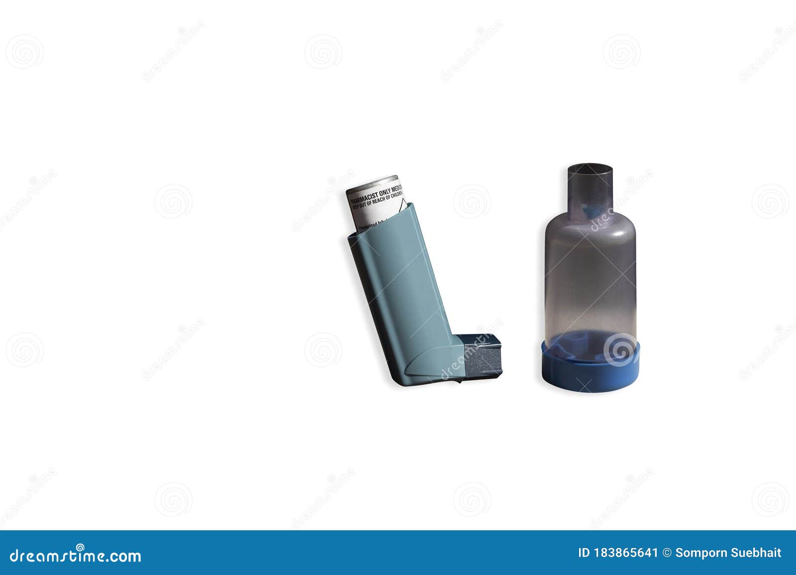 standing up pictures of inhaler puffer and spacer for asthmatic person