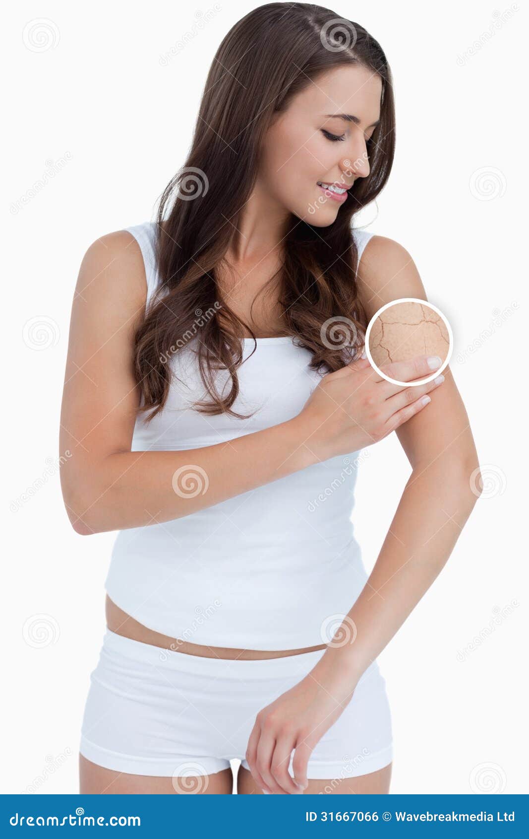 Standing Woman Rubbing Her Skin With Close Up Of Her Wrinkles Stock