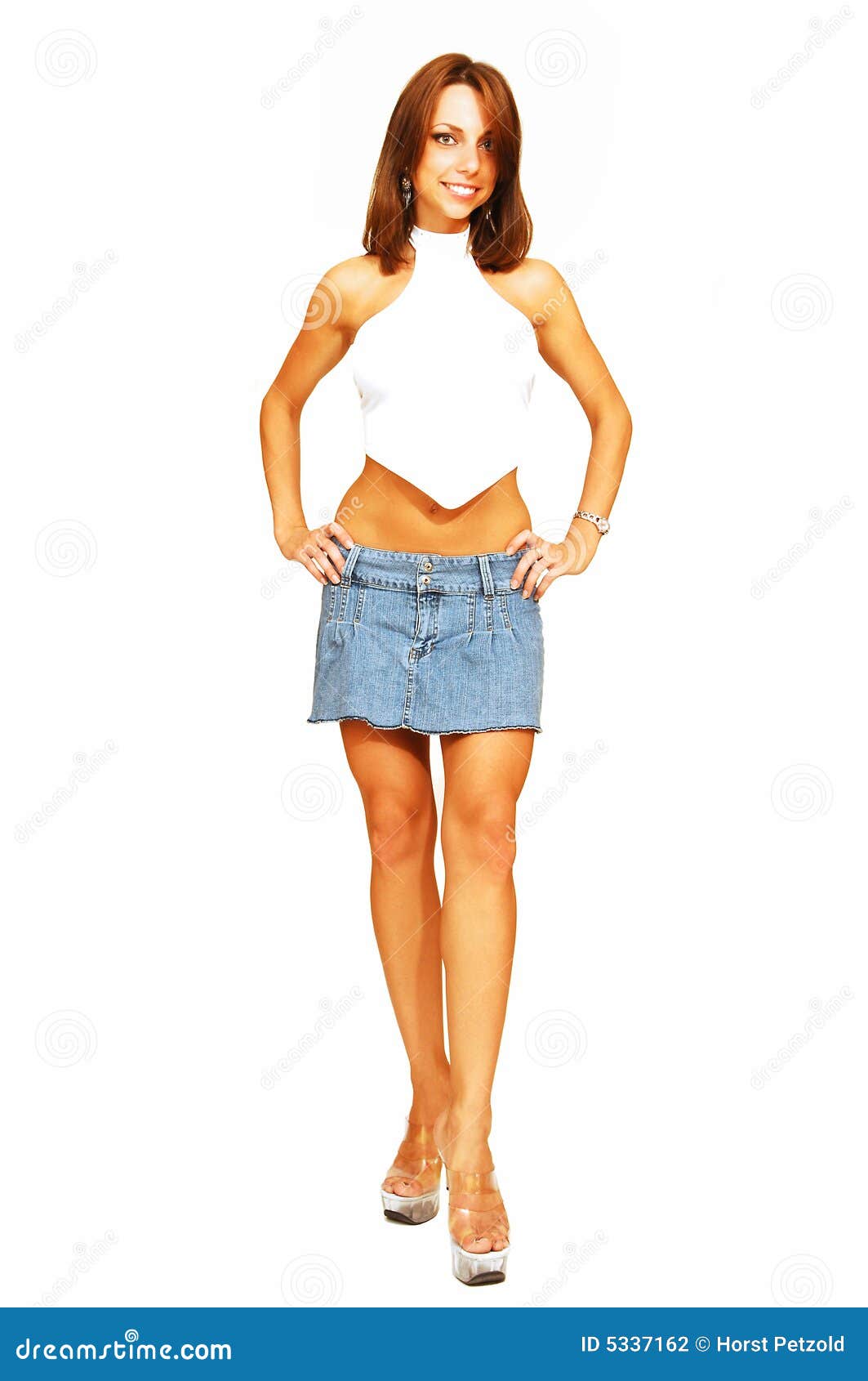 Standing Woman in Short Jeans Skirt. Stock Photo Image of girl, fresh