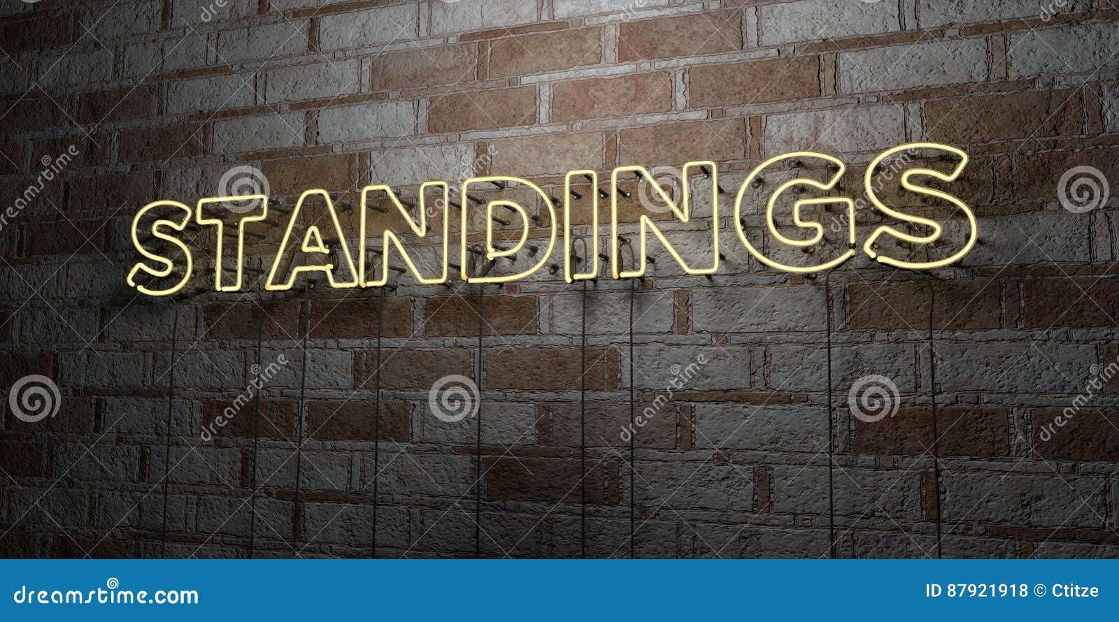 standings - glowing neon sign on stonework wall - 3d rendered royalty free stock 