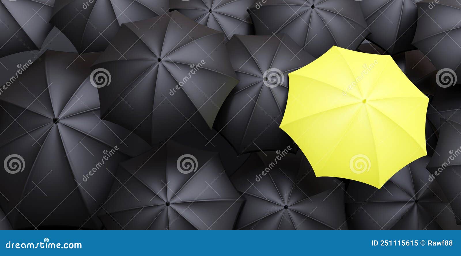 Standout from Crowd, Different Concept. One Yellow Umbrella on Black