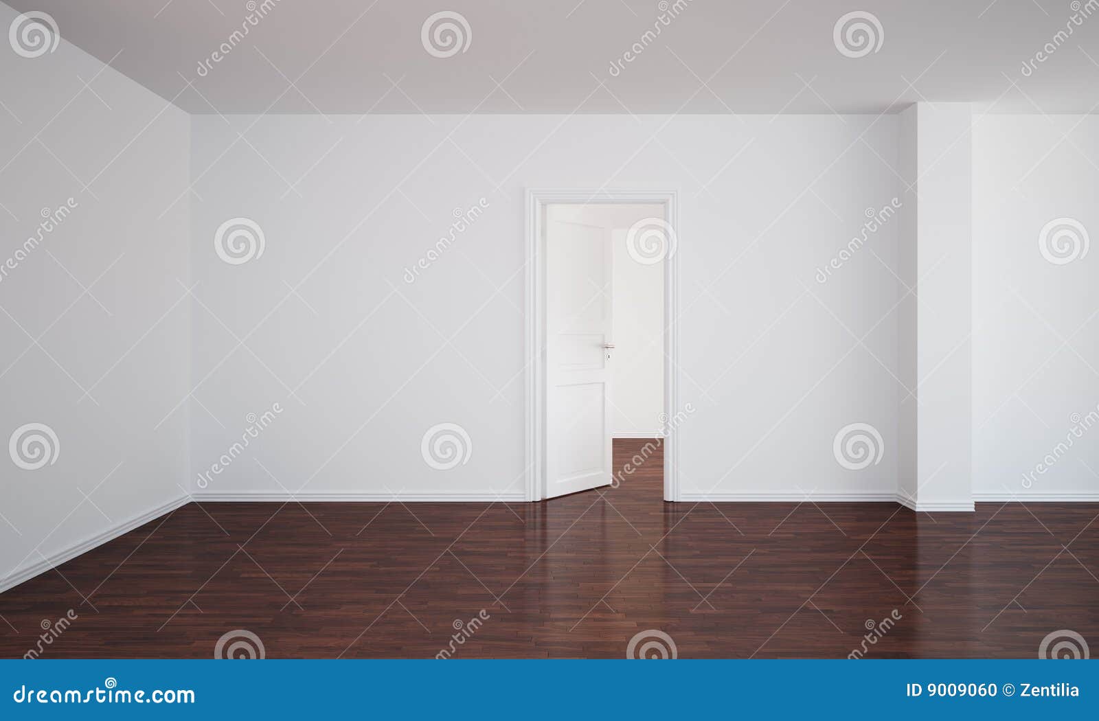 Stanza vuota con il pavimento scuro. Rappresentazione 3d di una stanza vuota con il pavimento di legno scuro e una porta aperta