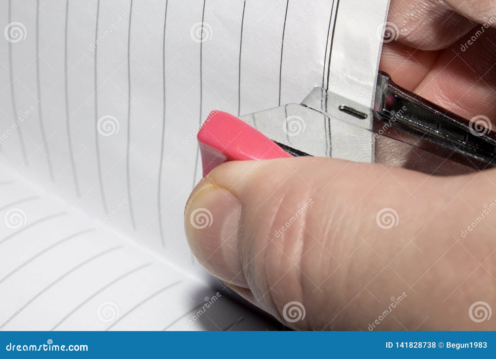 Stapler in Hand.Stapling Paper with Staples. Stock Photo Image of