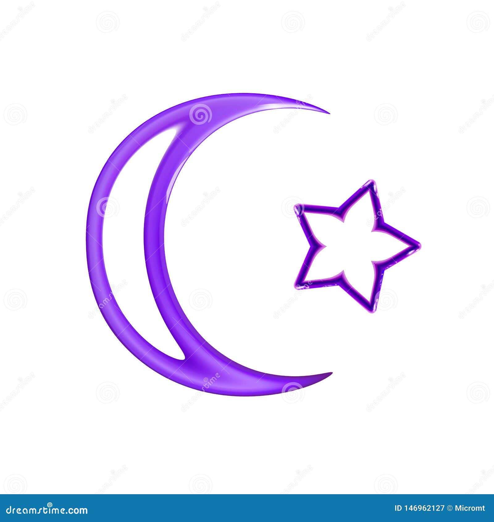 Star and Crescent Moon, Violet Glossy Icon. Symbol Islamic Religious