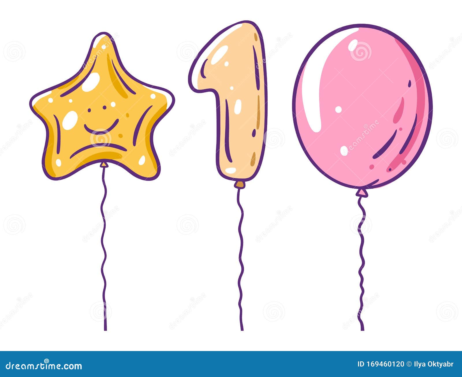 Star, Number One and Classic Balloons. Vector Illustration in Cartoon