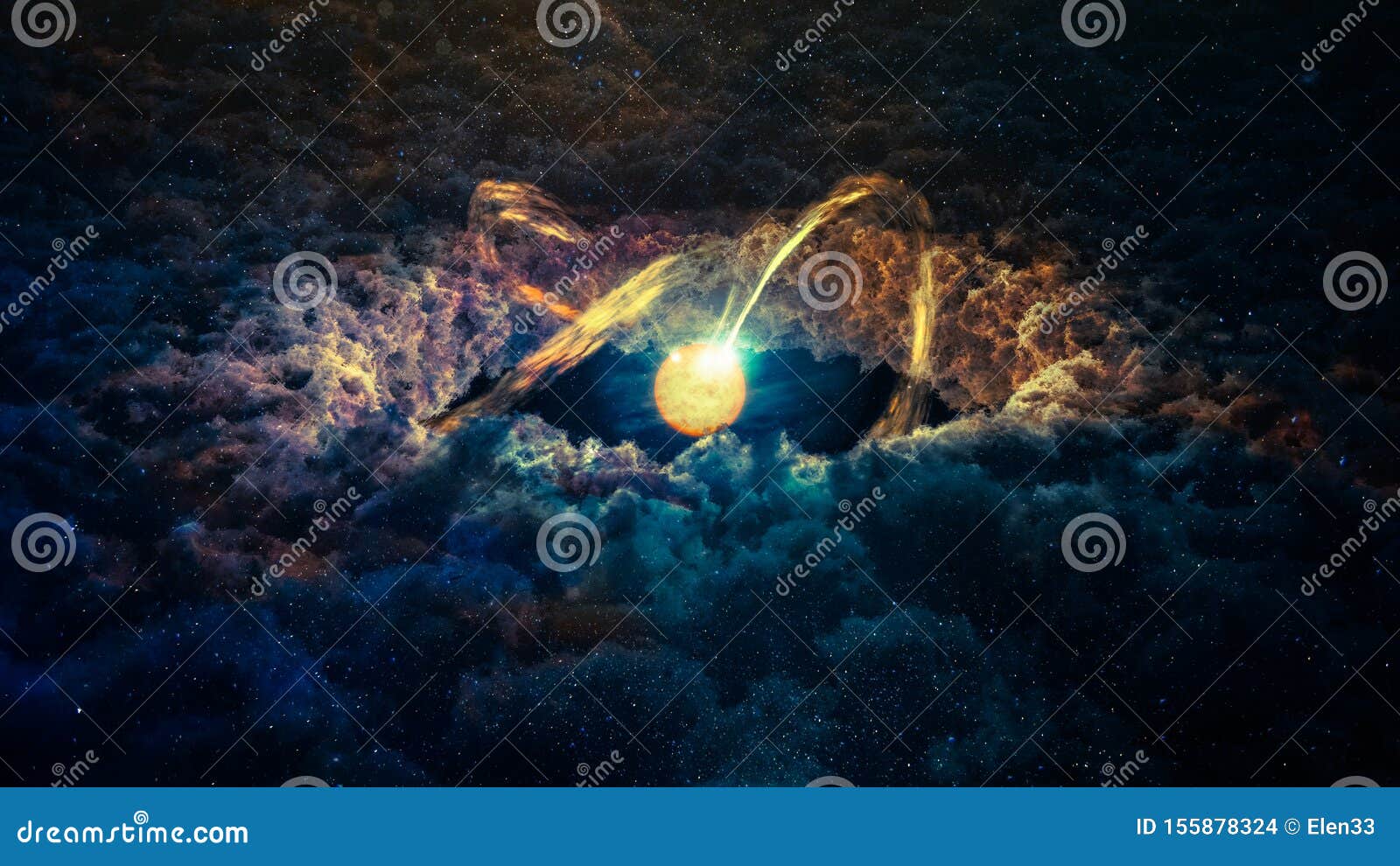 star surrounded by a protoplanetary disk and clouds, science fiction background.