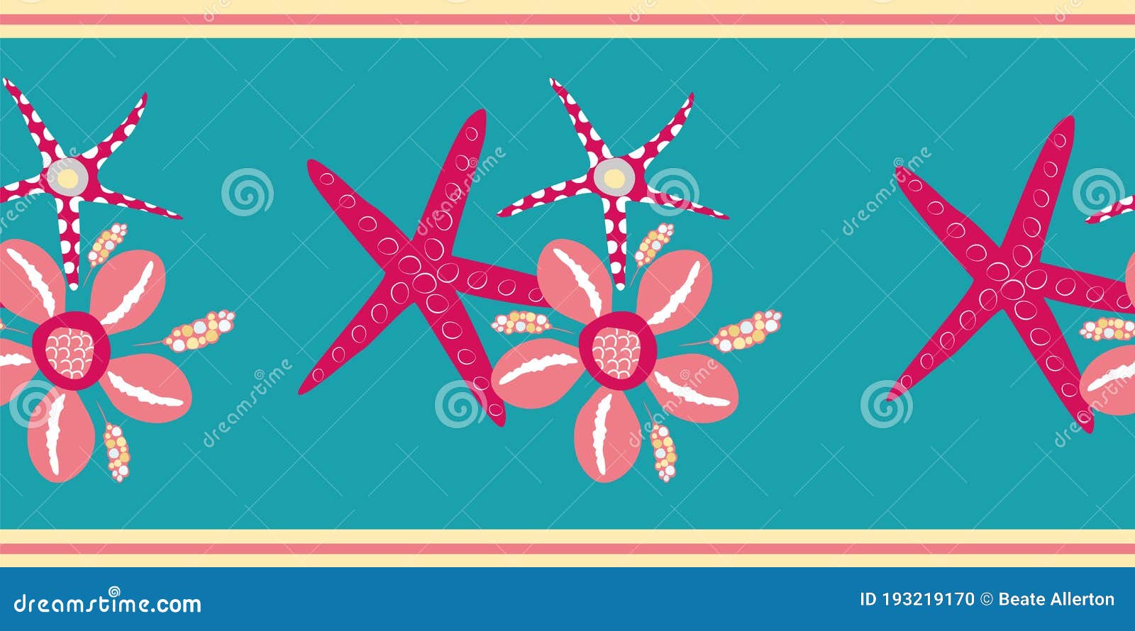 starfish and cowrie shell  border. luxurious pink and aqua blue banner with gold edging. hand drawn trio of marine