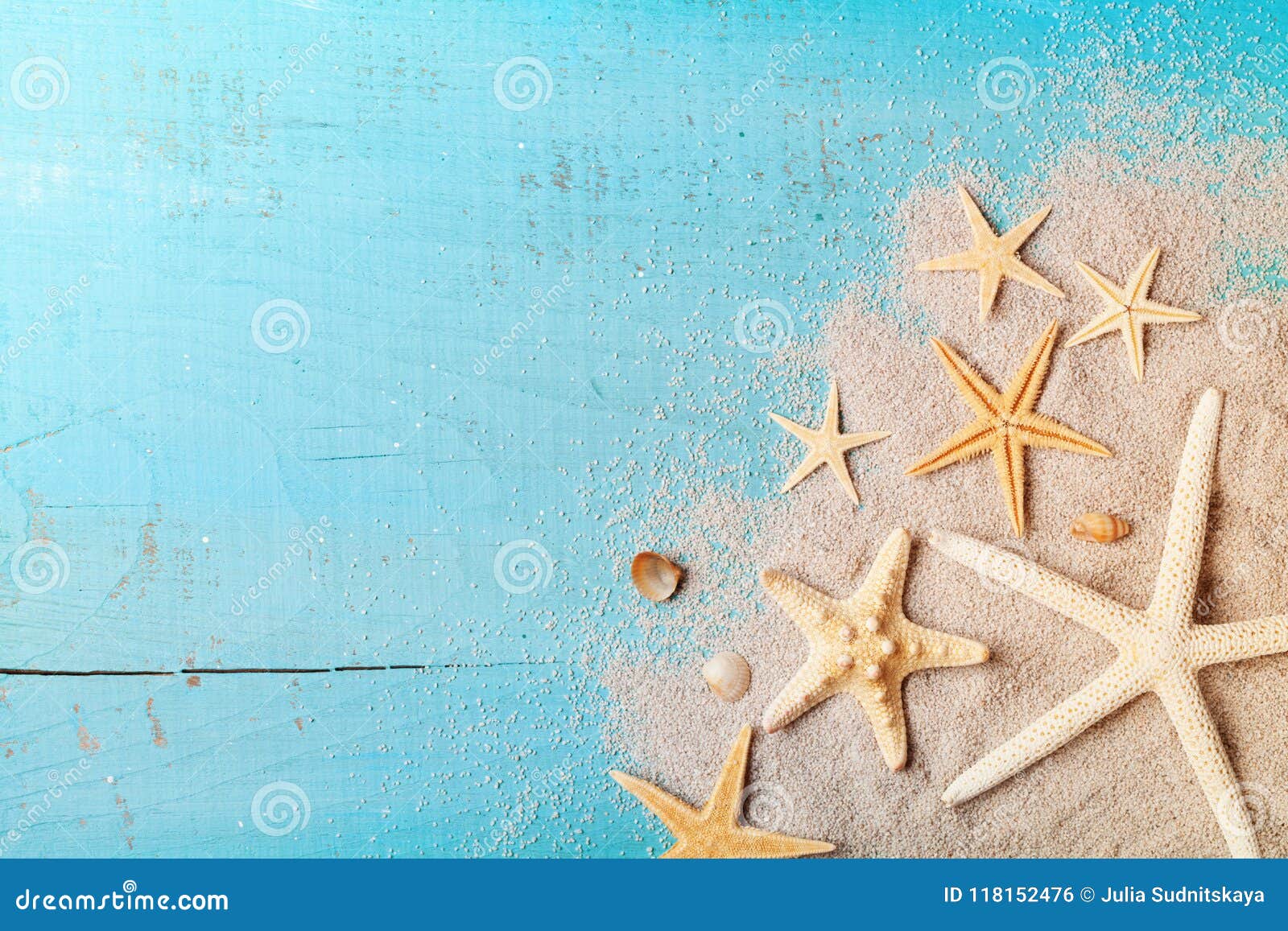 starfish and seashell on sand for summer holidays and travel background.