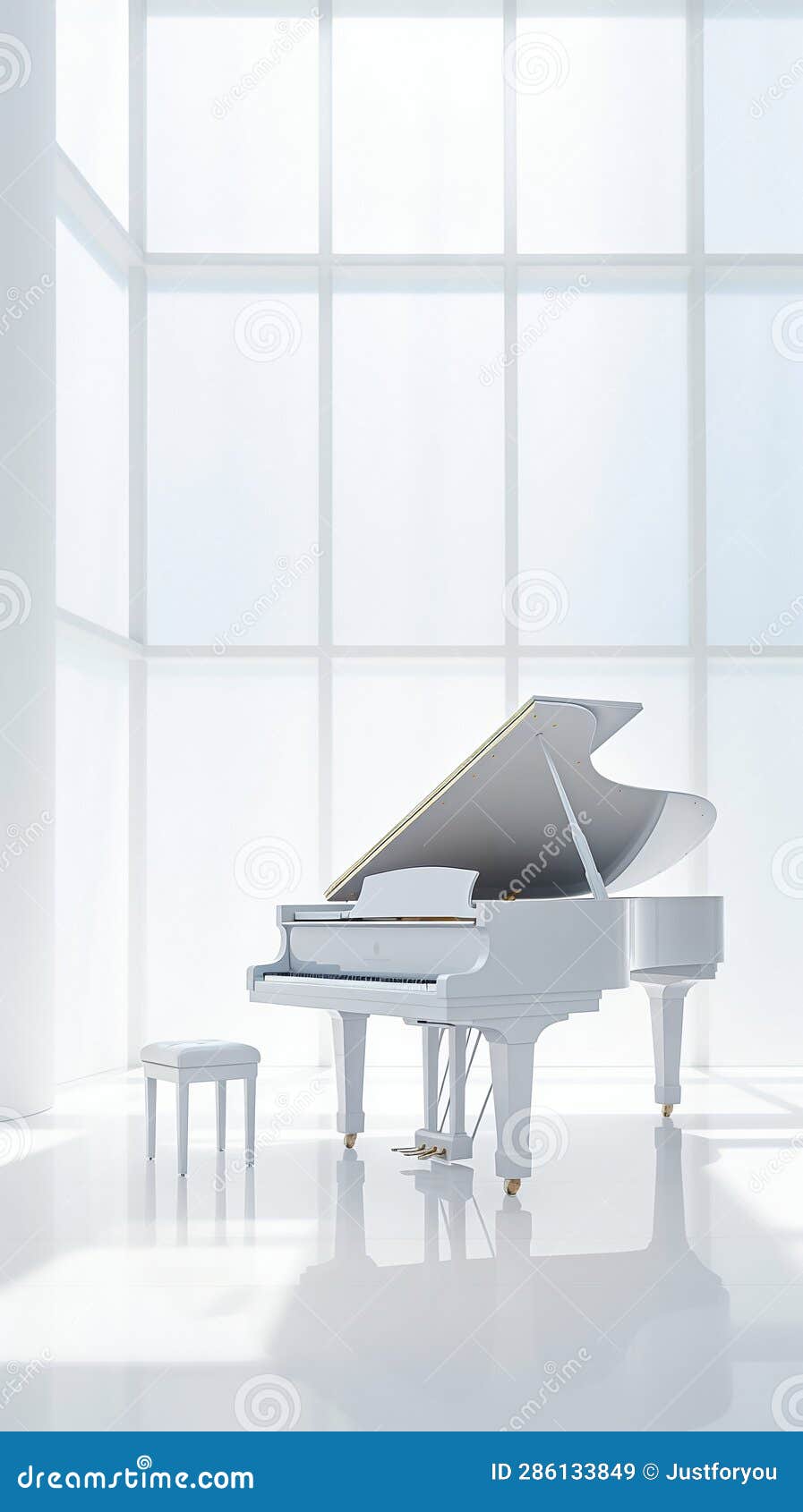 Stark White Wall, Playing Backdrop To Shining White Piano. Generative