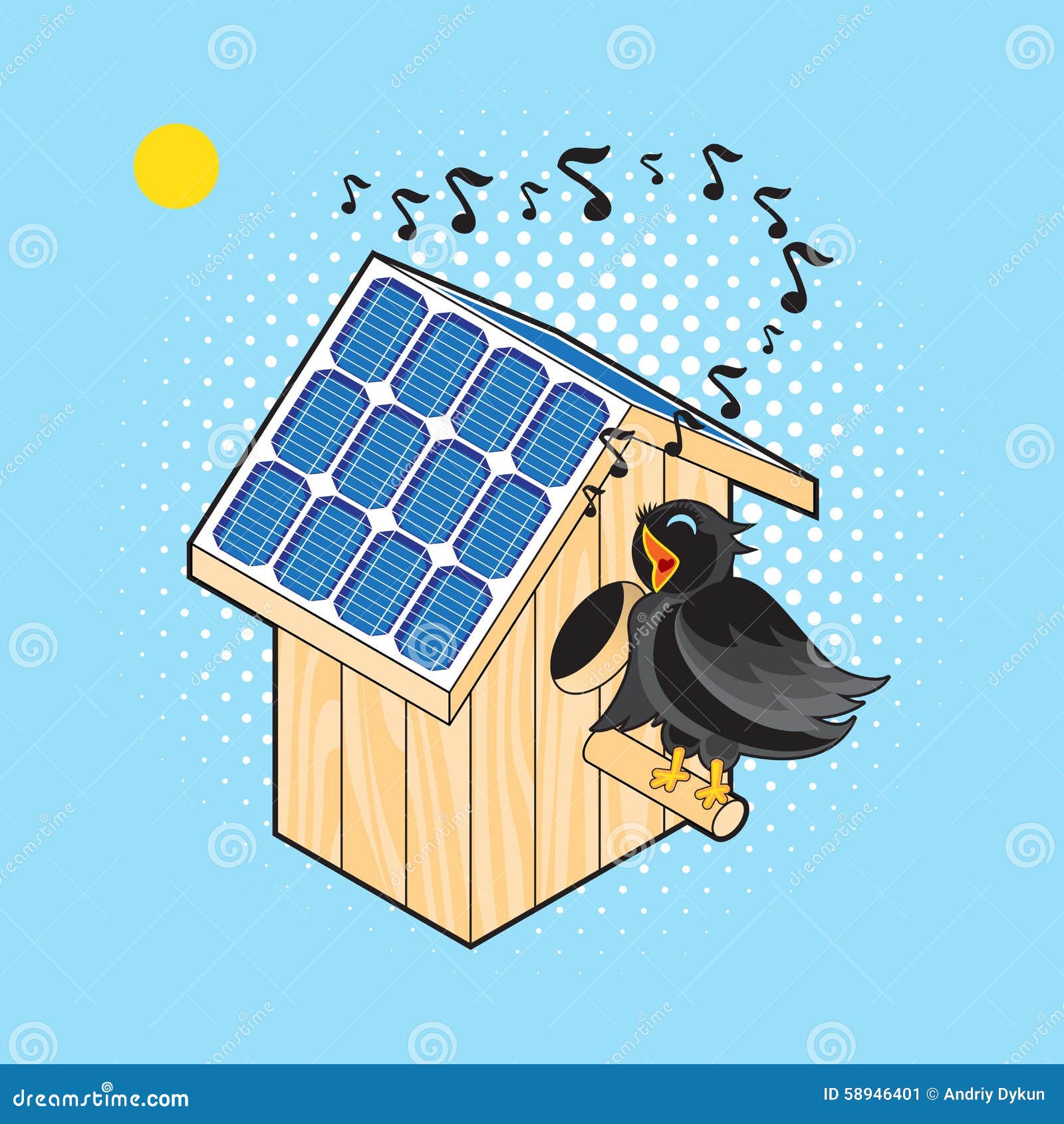 Starling and Nesting Box with Solar Panel Stock Vector - Illustration