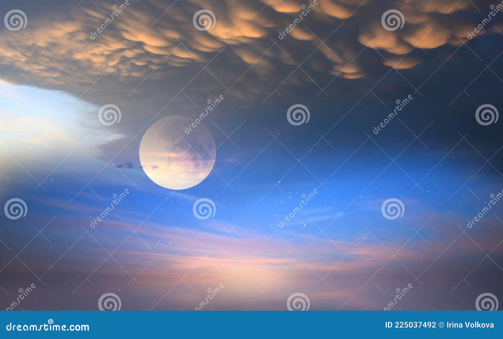 dramatic big pink moon on blue starry sky at gold yellow sunset natire seascape