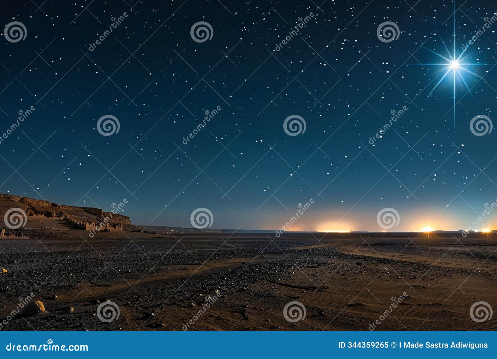 starry night sky over desert landscape with bright stars and city lights on horizon. concept of astronomy, adventure, and the