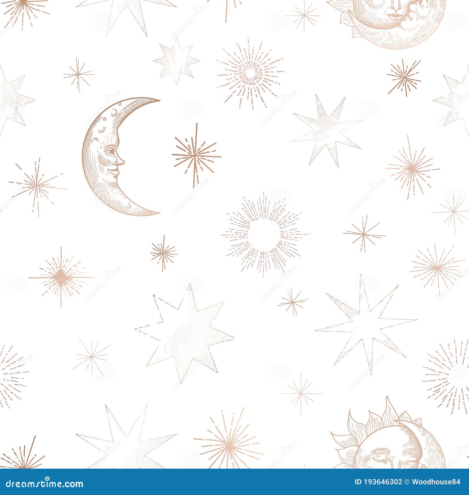 starry night sky trendy seamless pattern, vintage celestial hand drawn background template of galaxy, space, moon