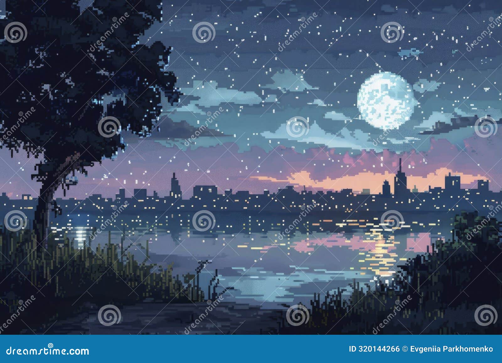 Starry Night Skyline View with Full Moon Over Water in Pixel Starry Night Skyline View with Full Moon Over Water in Pixel