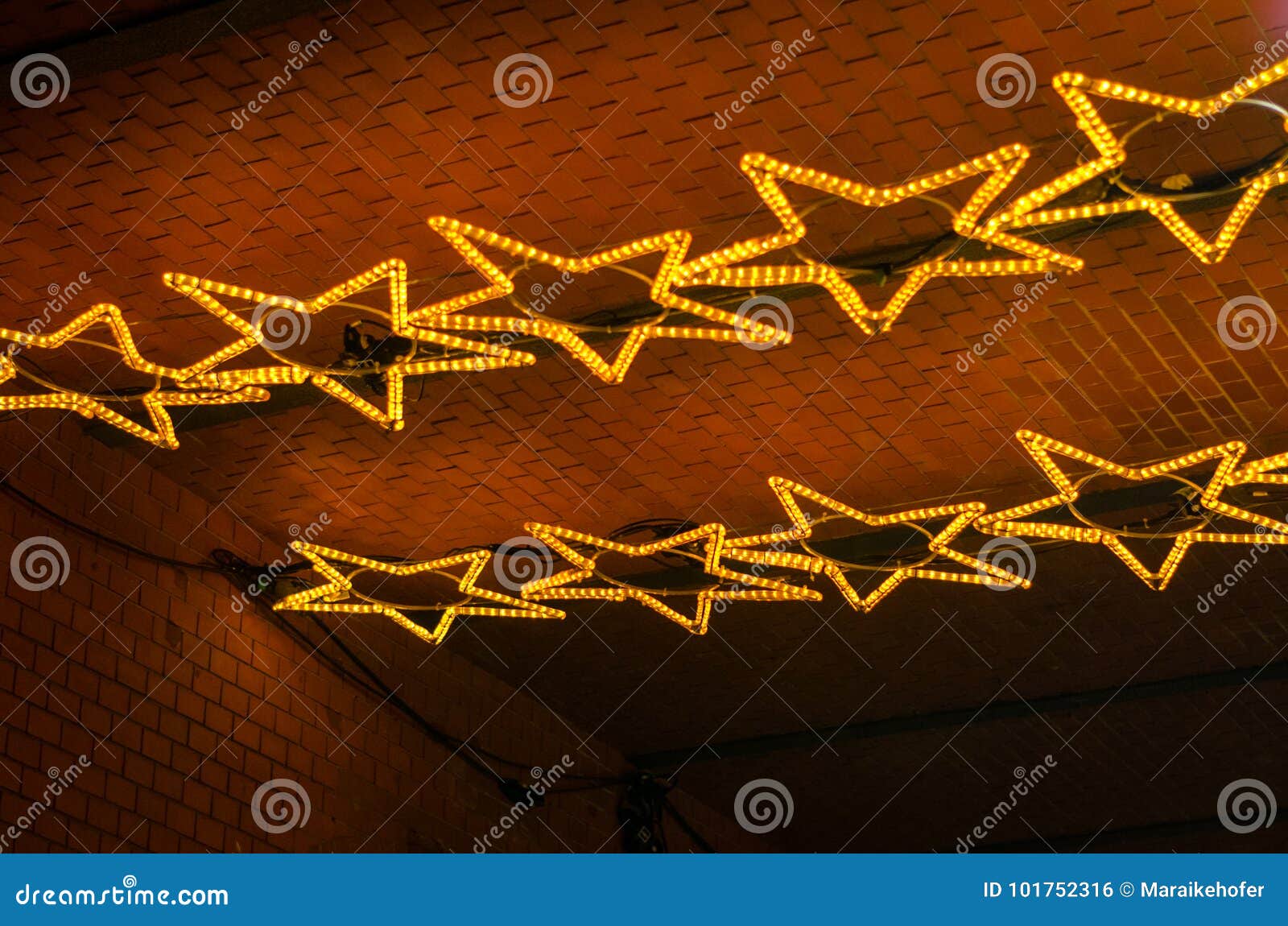 Stars Light Christmas Decoration At Ceiling Stock Photo