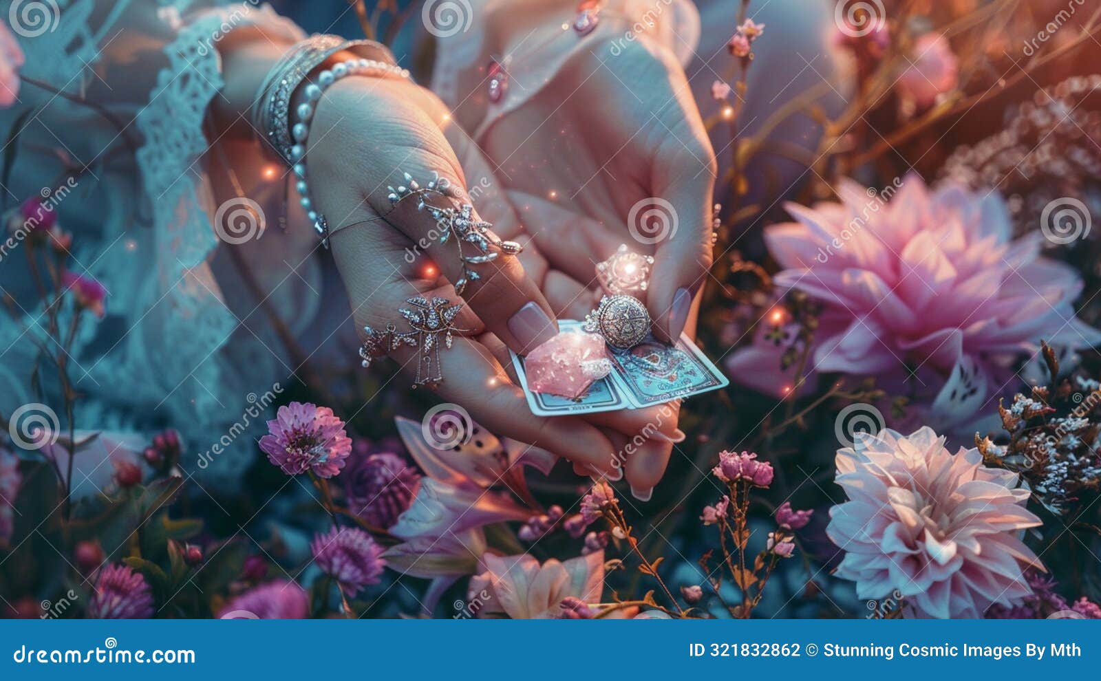 woman's hands in jewelry holding beautiful unique tarot deck cards surrounded by stunning crystals gems & gorgeous colorful flower