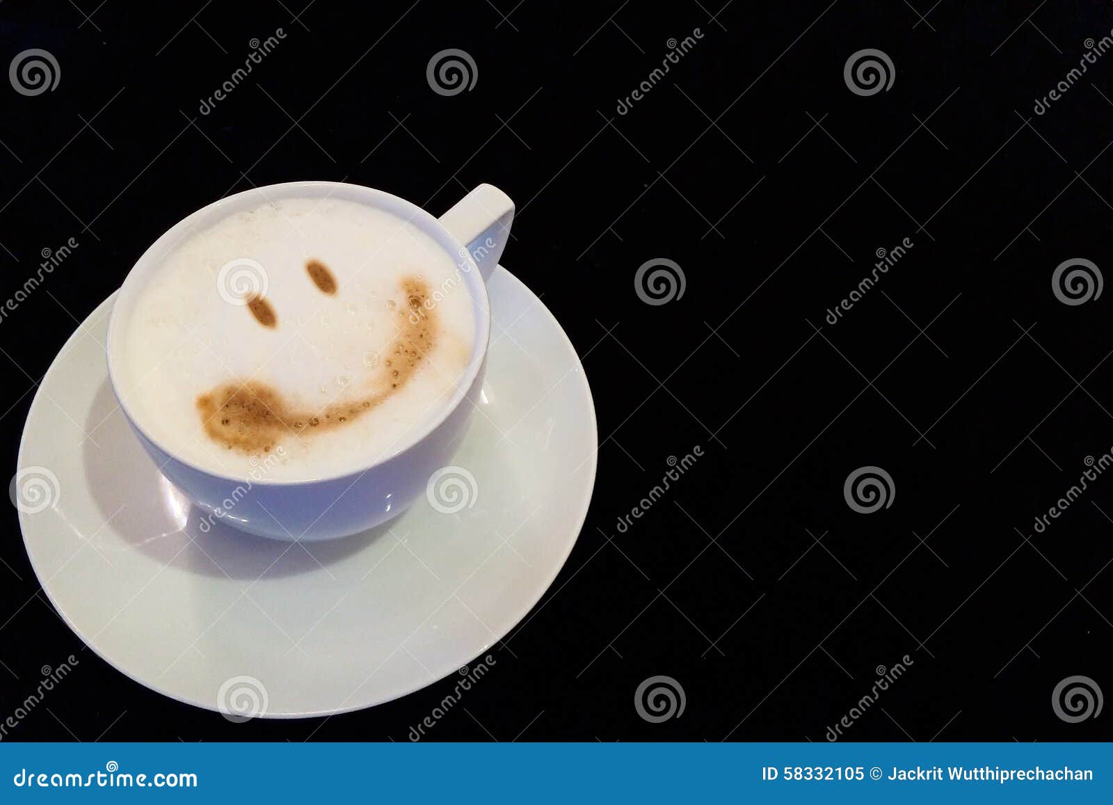 start the big day with smile concept, cup of coffee with smile face at the corner with copyspace to input text
