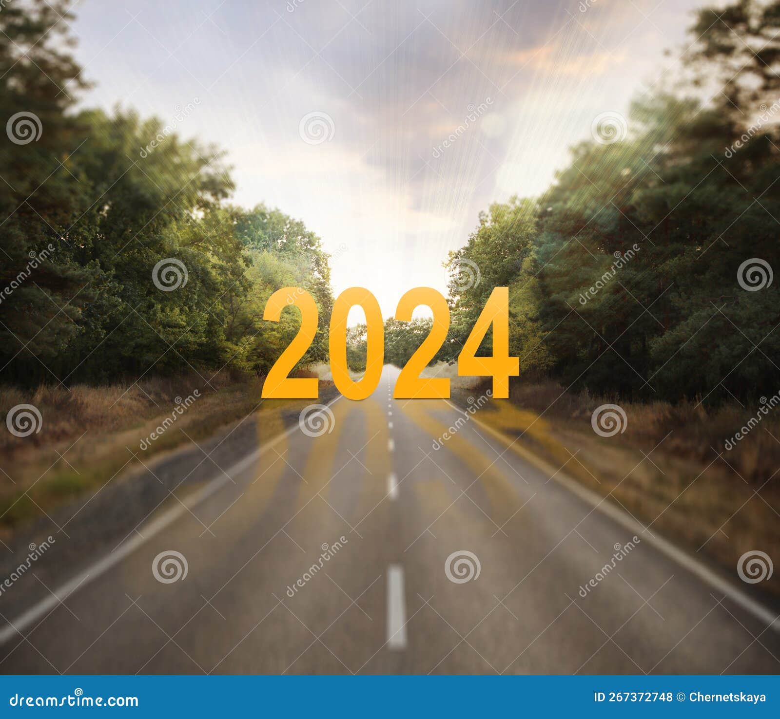 Start of New 2024 Year. Asphalt Road Leading To Numbers Stock Photo