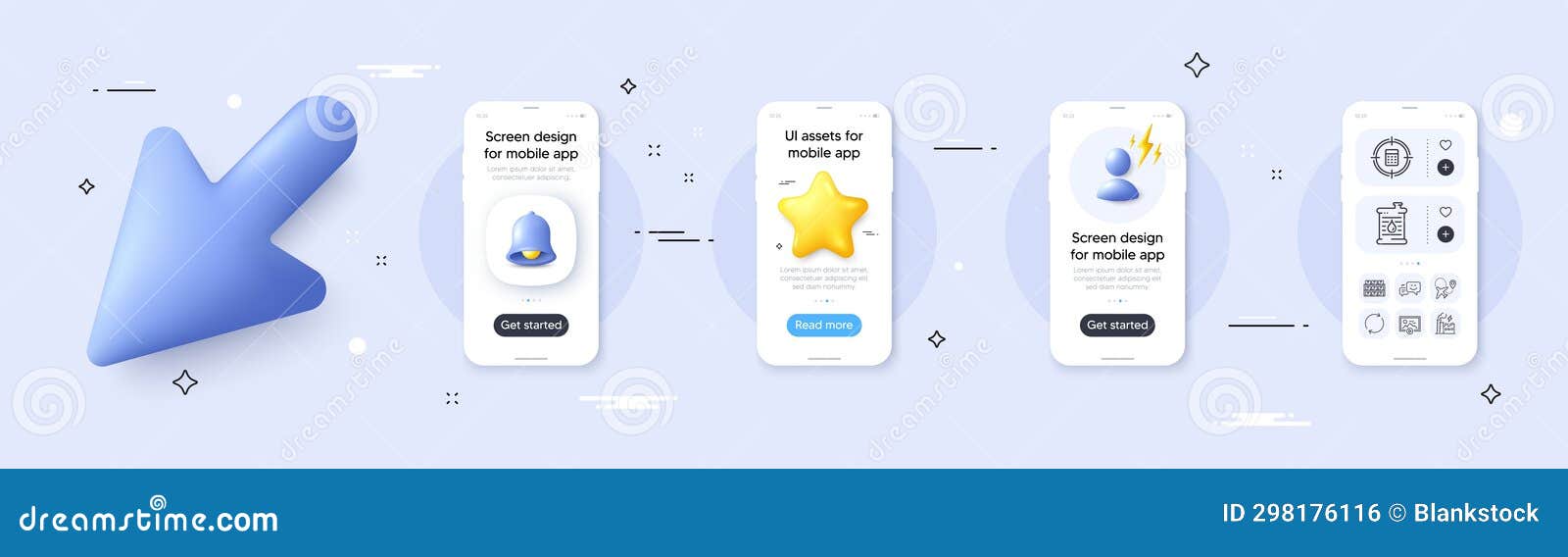 start presentation, oil barrel and full rotation line icons pack. for web app. phone screen mockup. 