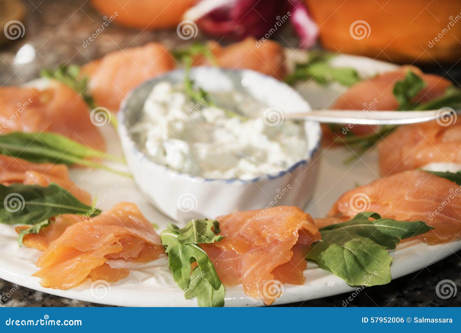 Starter of Smoked Salmon with Cream Cheese Stock Photo Image of buffet, food 57952006