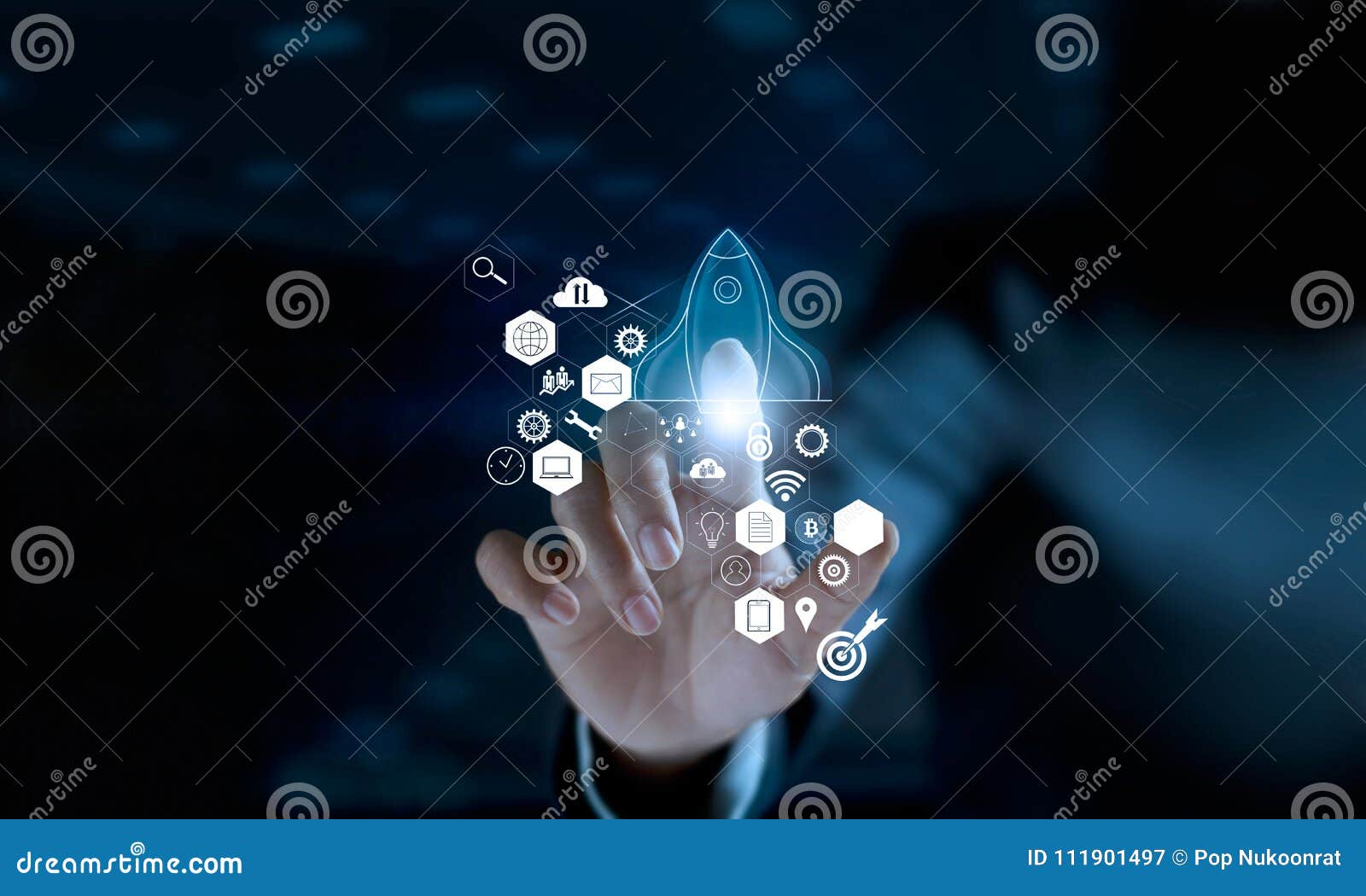 startup concept. businessman touching icon transparent rocket is launching and flying out with icon network connection on modern v