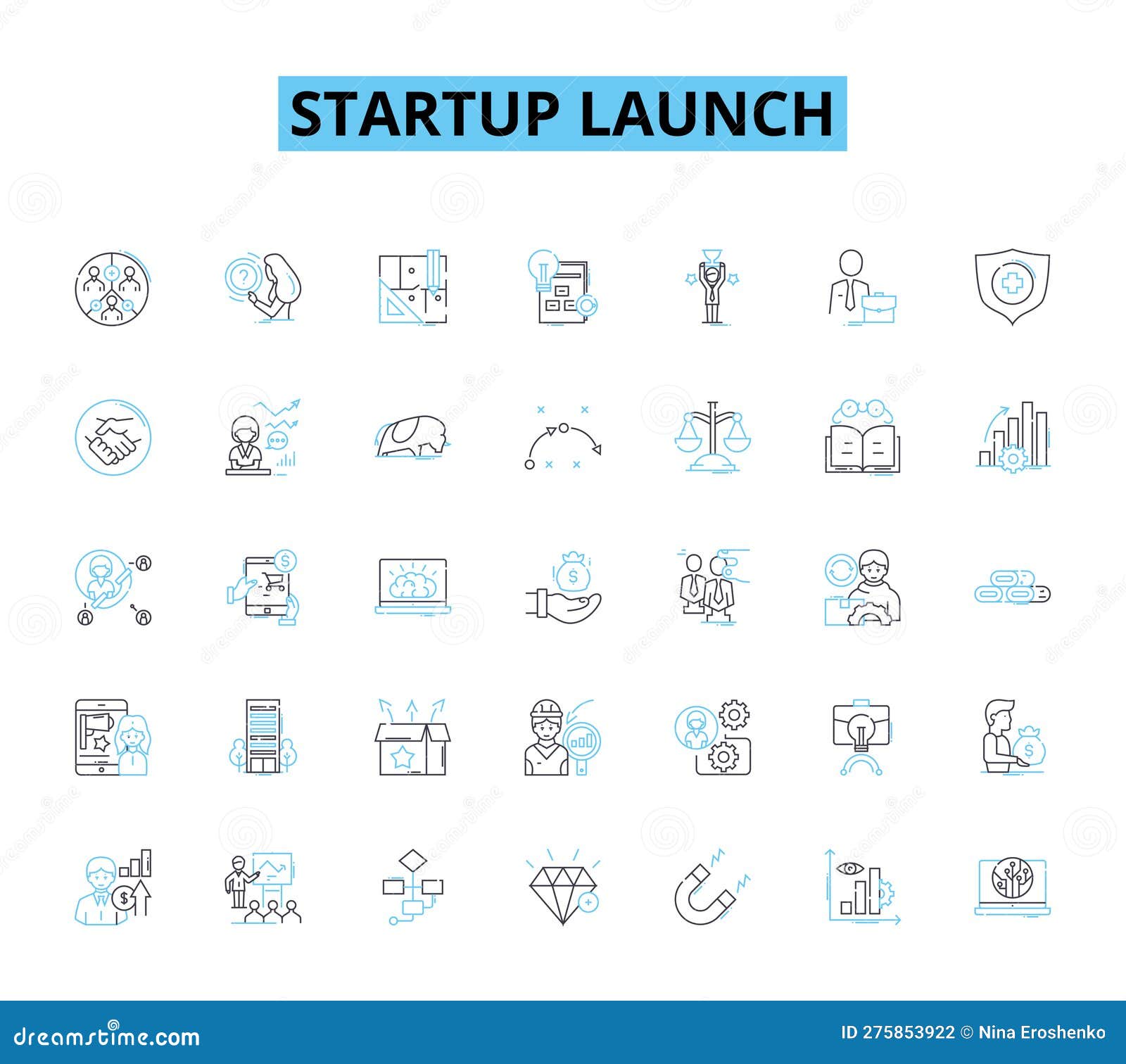 startup launch linear icons set. momentum, buzz, launchpad, catalyst, ignition, unveil, debut line  and concept