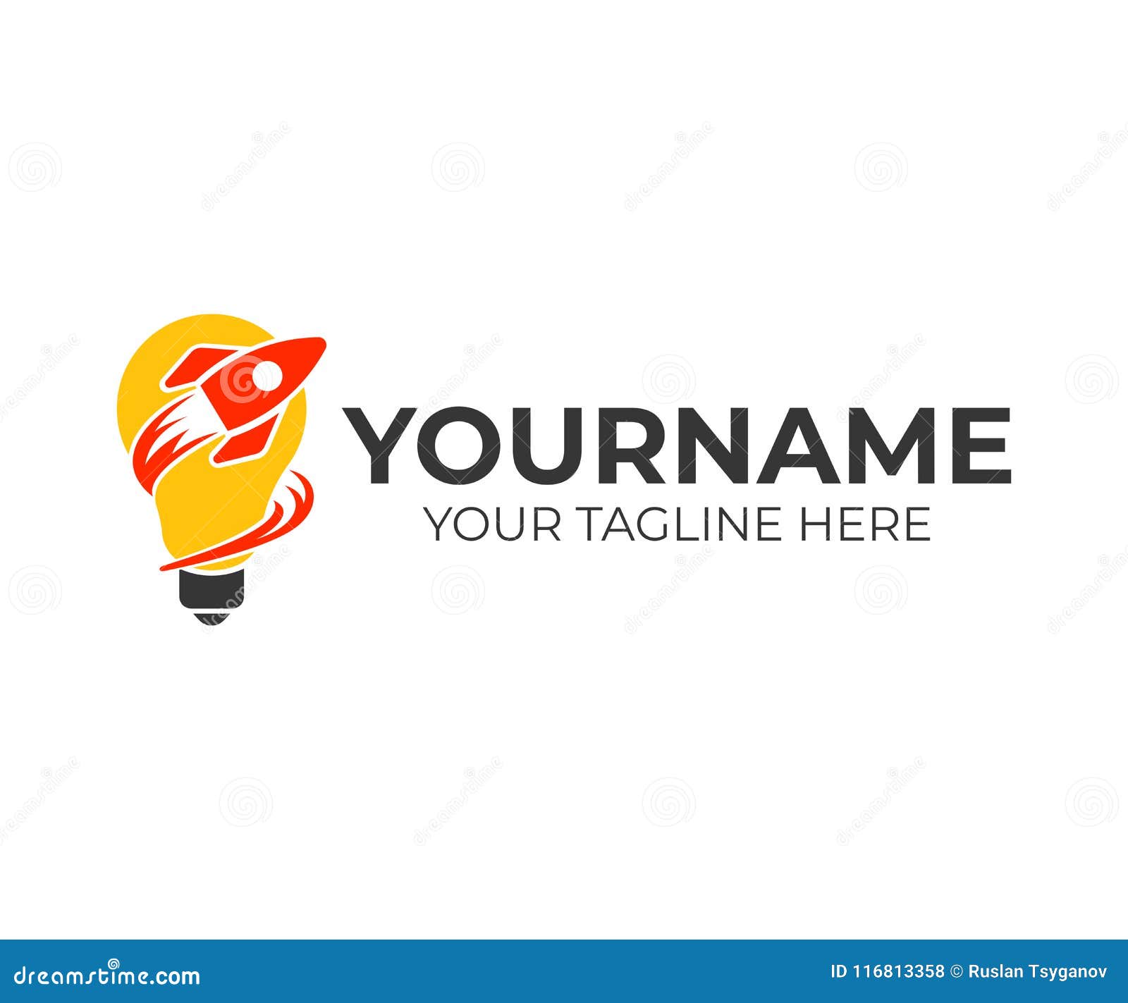 startup with light bulb and rocket, logo template. launch and takes off rocket, innovation idea and exponential growth,  des