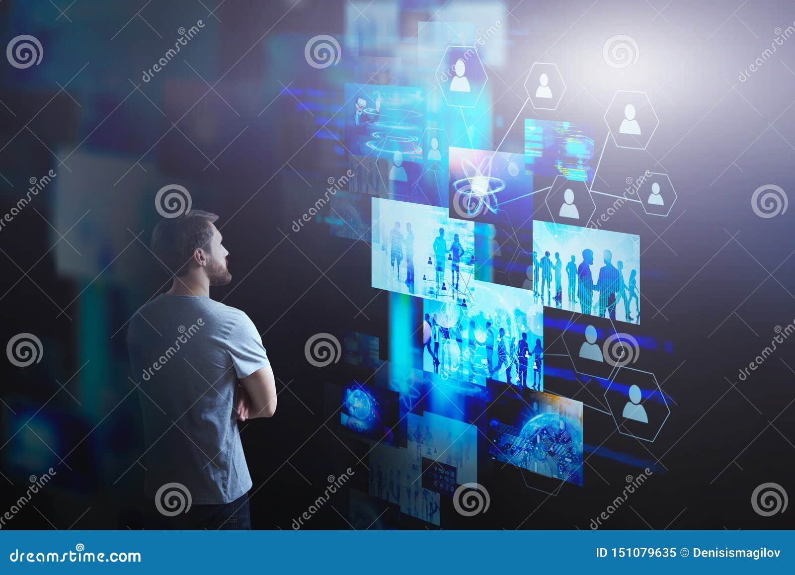 startup man looking at virtual screens