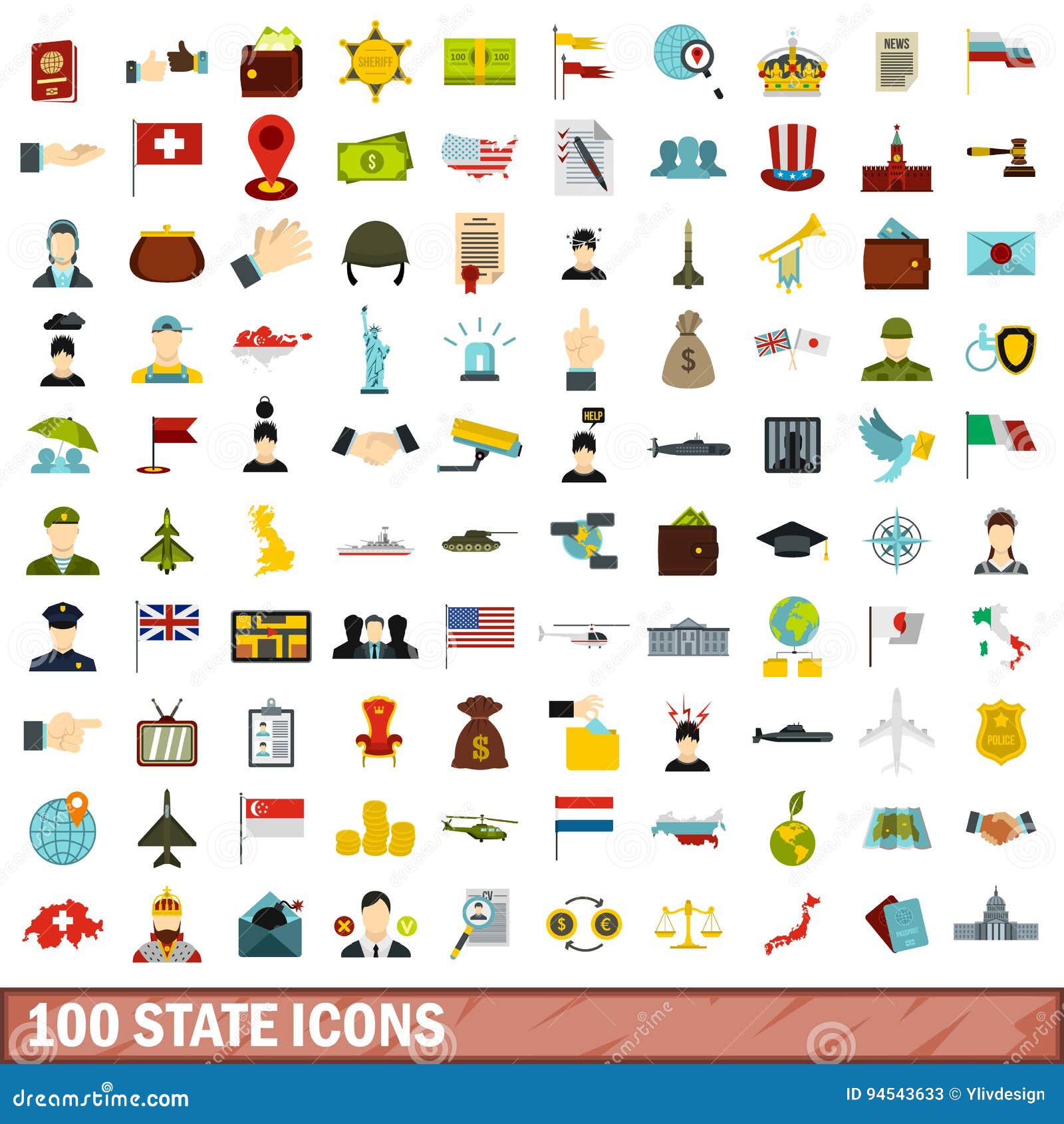 100 State Icons Set, Flat Style Stock Vector Illustration of flat