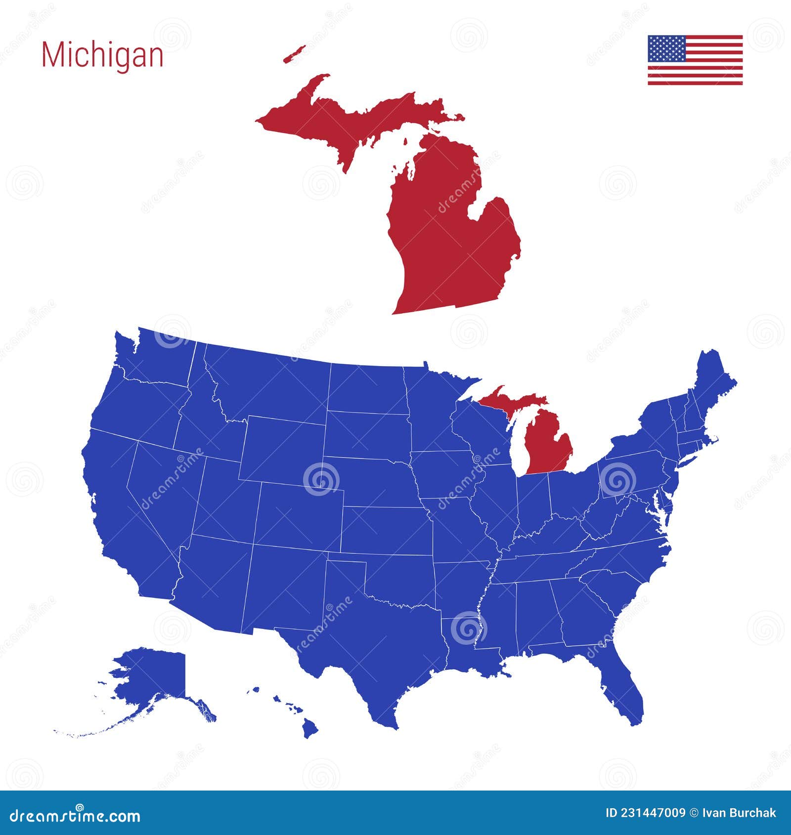 Map Of USA With Highlighted Michigan State Map Vector Illustration