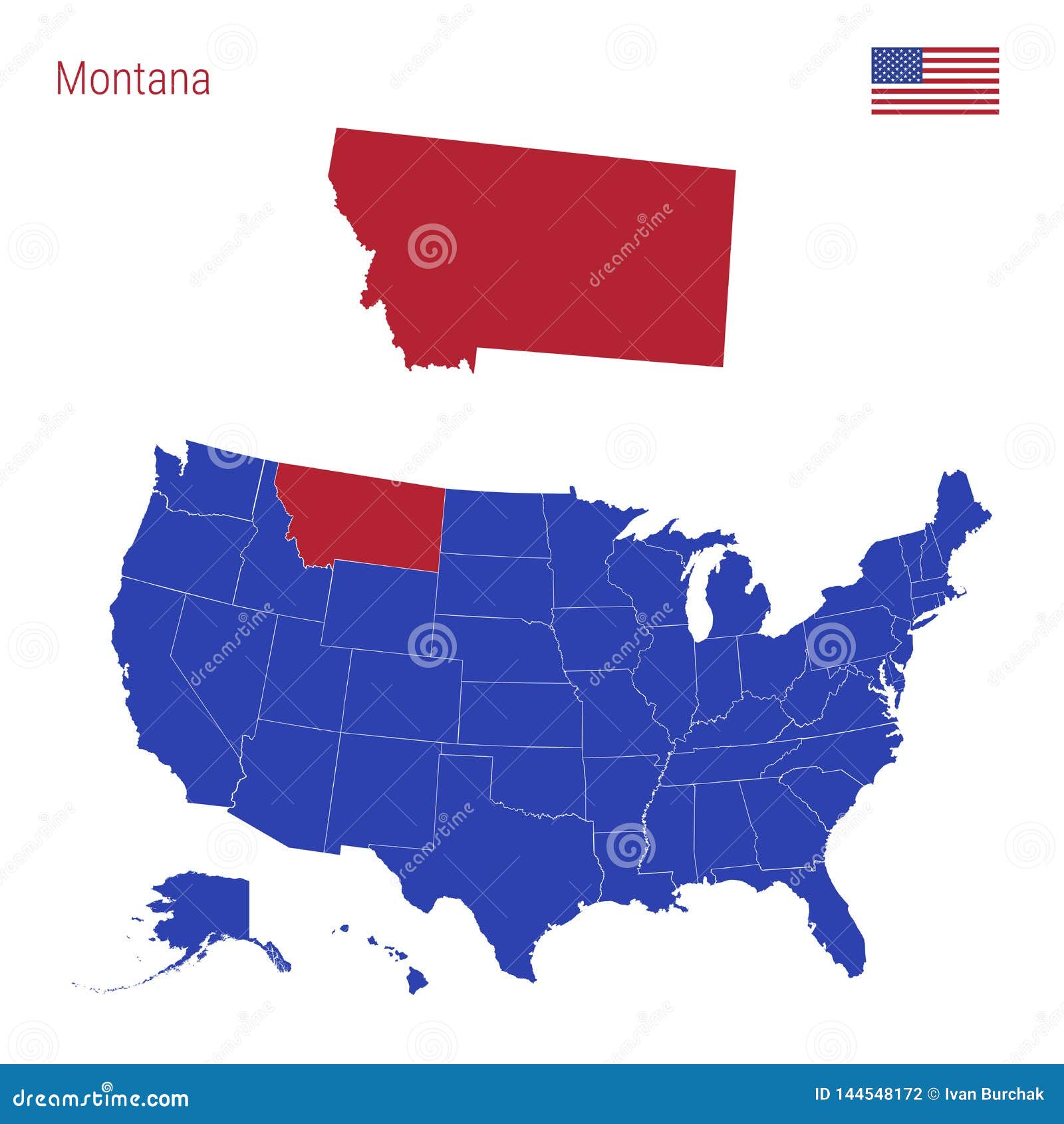 the state of montana is highlighted in red.  map of the united states divided into separate states