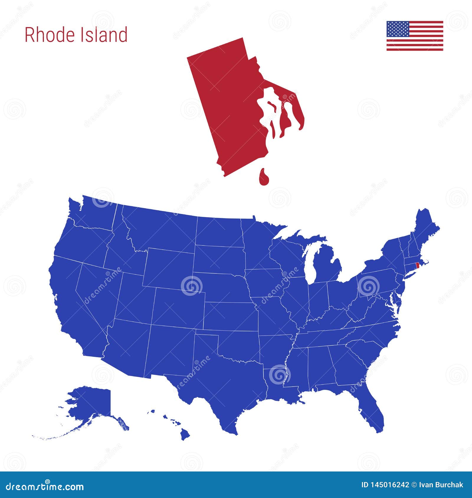 The State of Rhode Island is Highlighted in Red. Vector Map of the