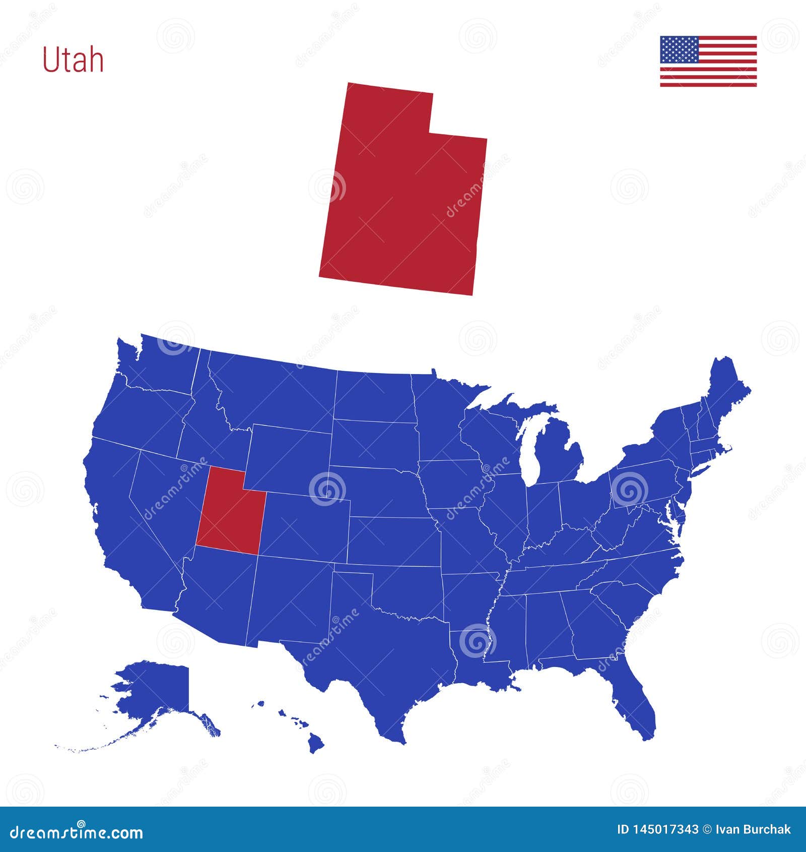 The State of Utah is Highlighted in Red. Vector Map of the United