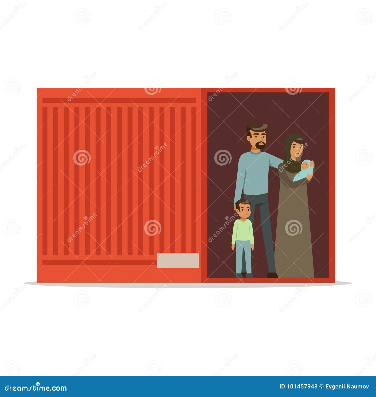 Stateless Refugee Family Standing in Cargo Container, Illegal Migration
