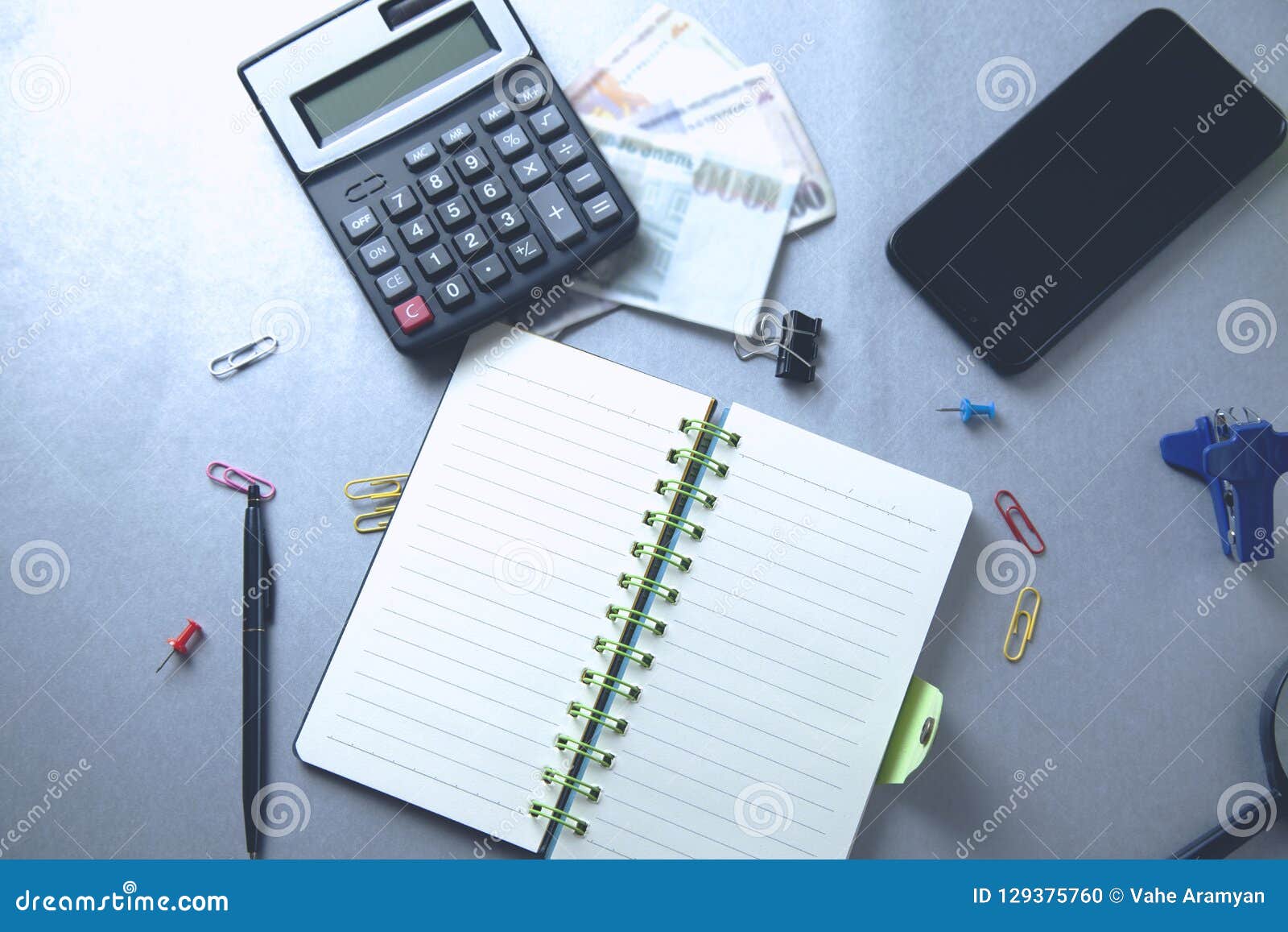 Stationary and Money with Phone on Desk Stock Photo Image of success